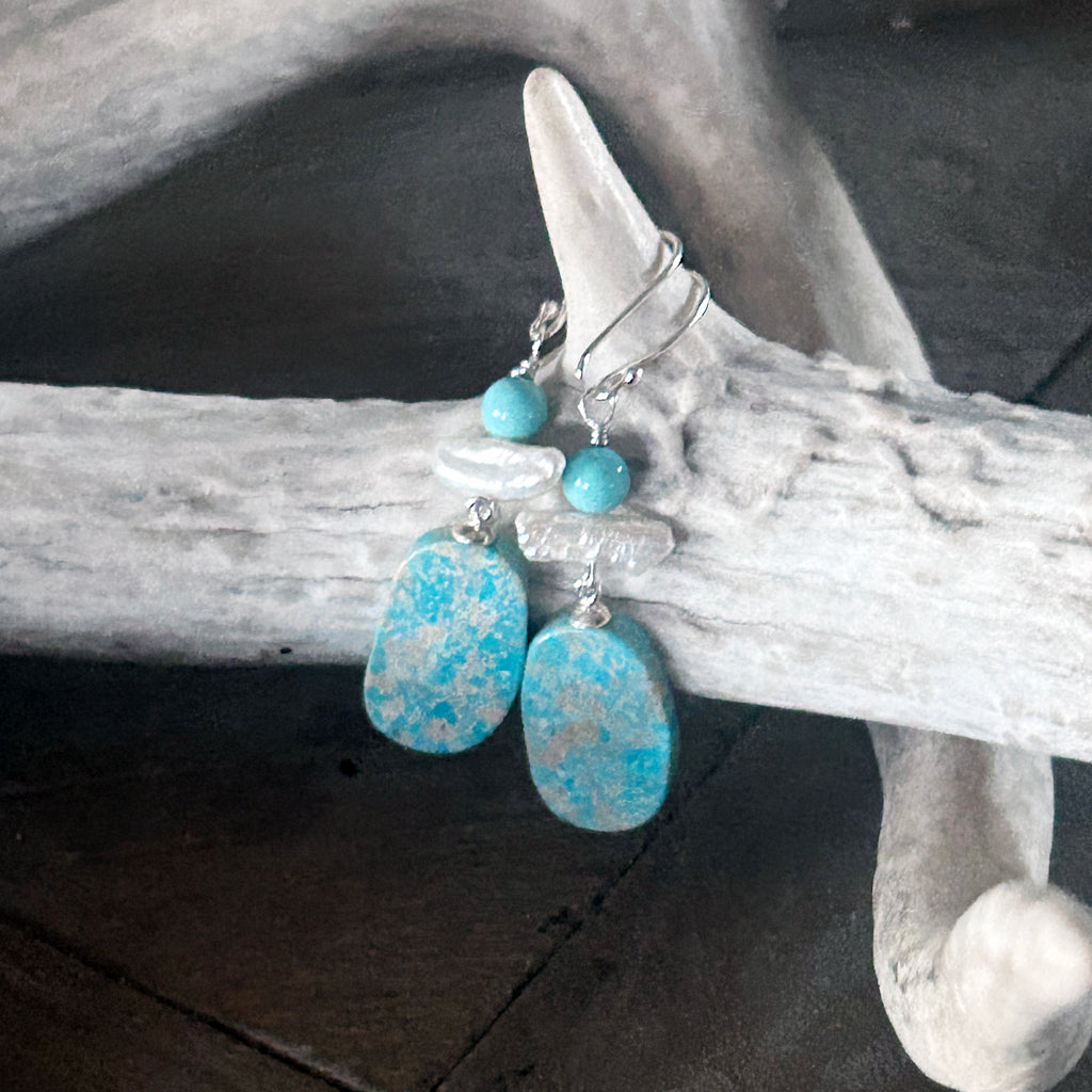 AAA Elisa Turquoise and White Biwa Pearl Earrings Sterling Silver