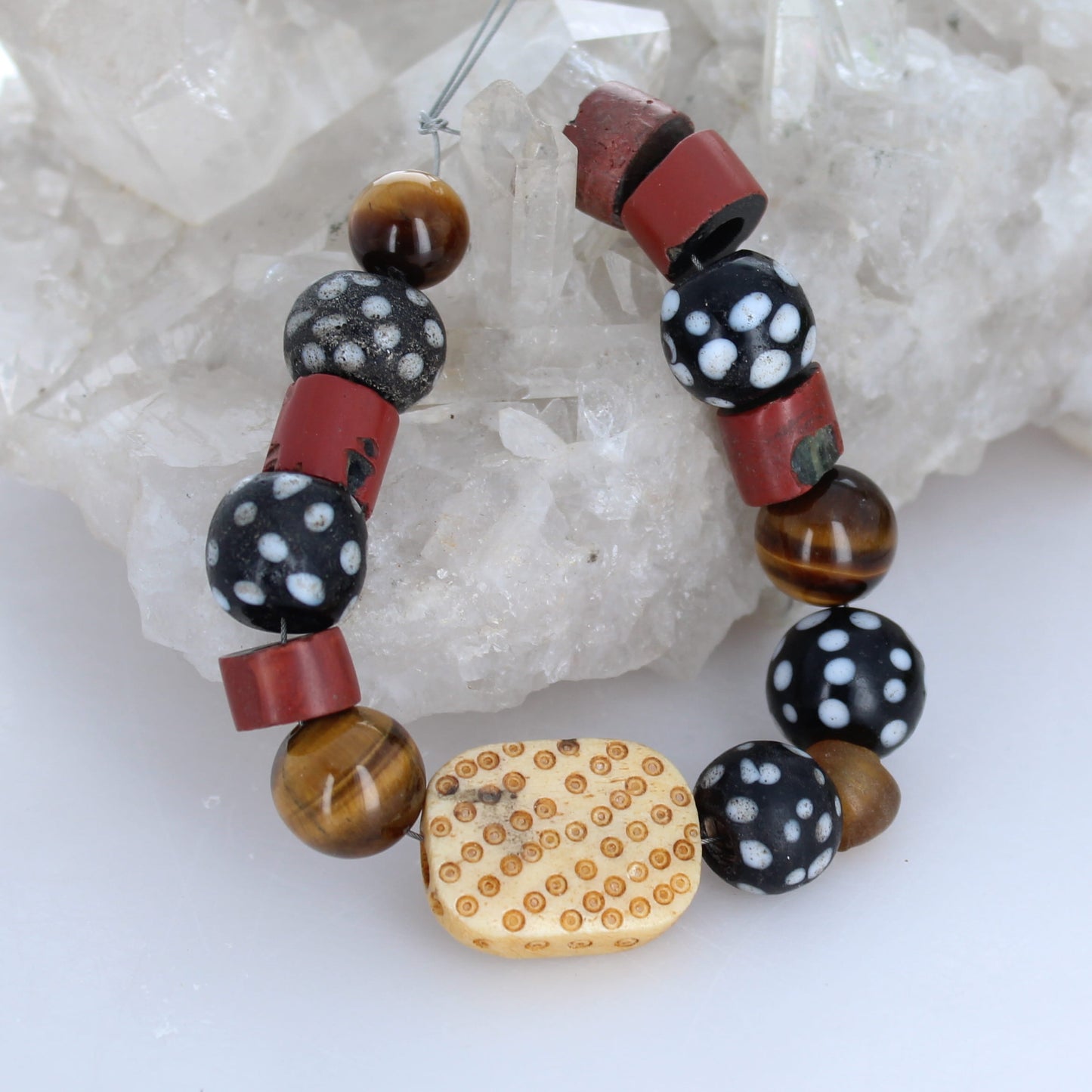 Antique Venitian African Trade Beads 6.5" Skunk and Red Heart Beads