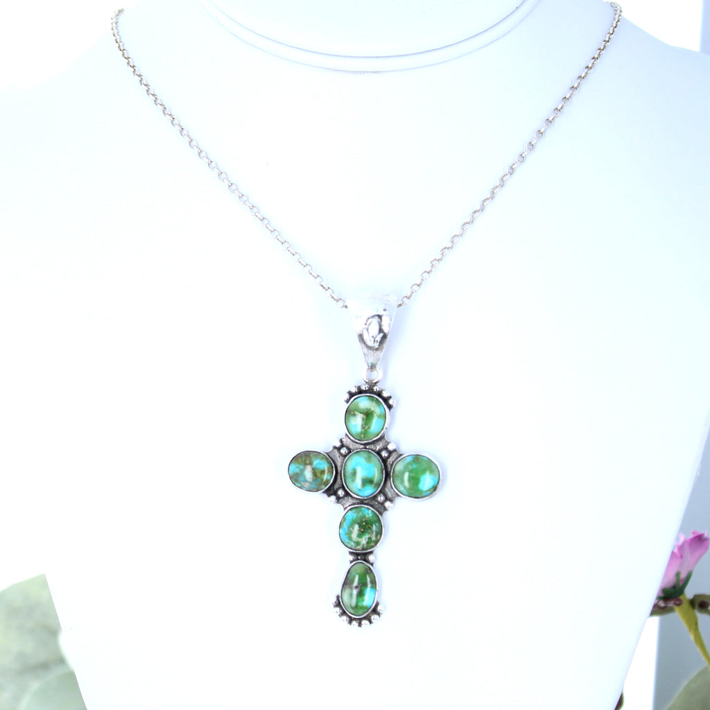 Sonoran Mountain Blue Green Turquoise Cross Pendant Sterling Silver Santa Fe