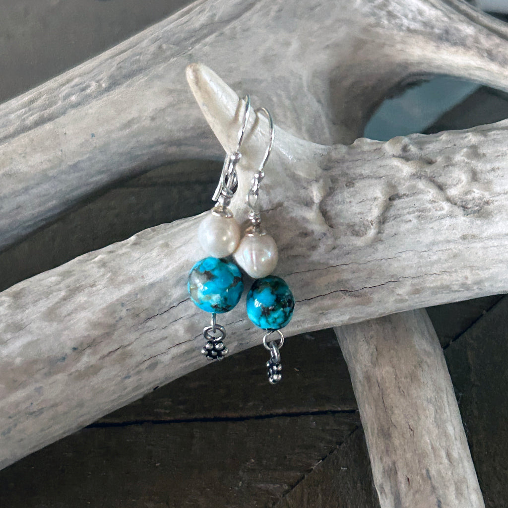 AAA Kingman Turquoise and White Pearl Earrings Ovals Sterling Silver