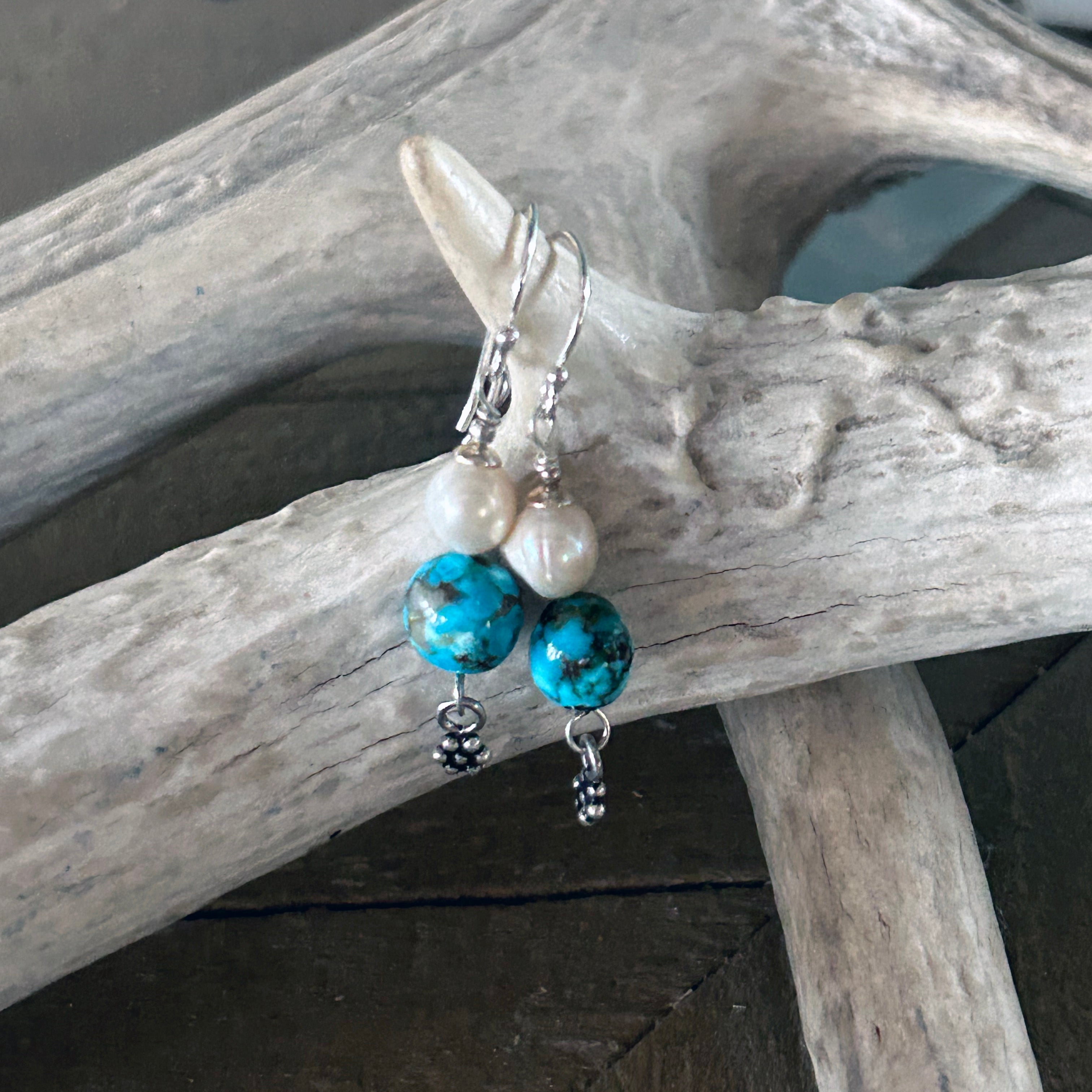 AAA Kingman Turquoise and White Pearl Earrings Ovals Sterling Silver