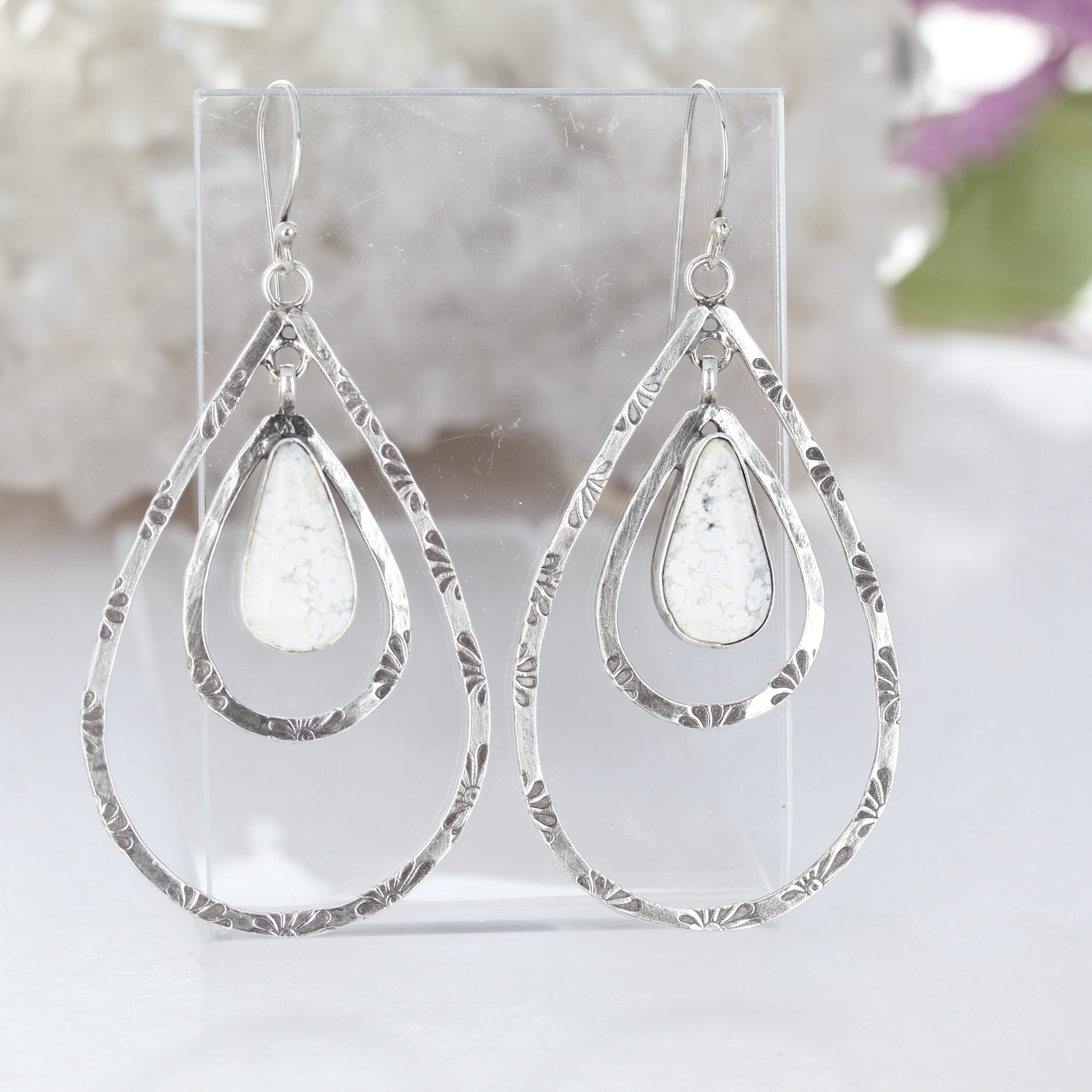White Buffalo Turquoise Earrings Double Hoops Oxidized