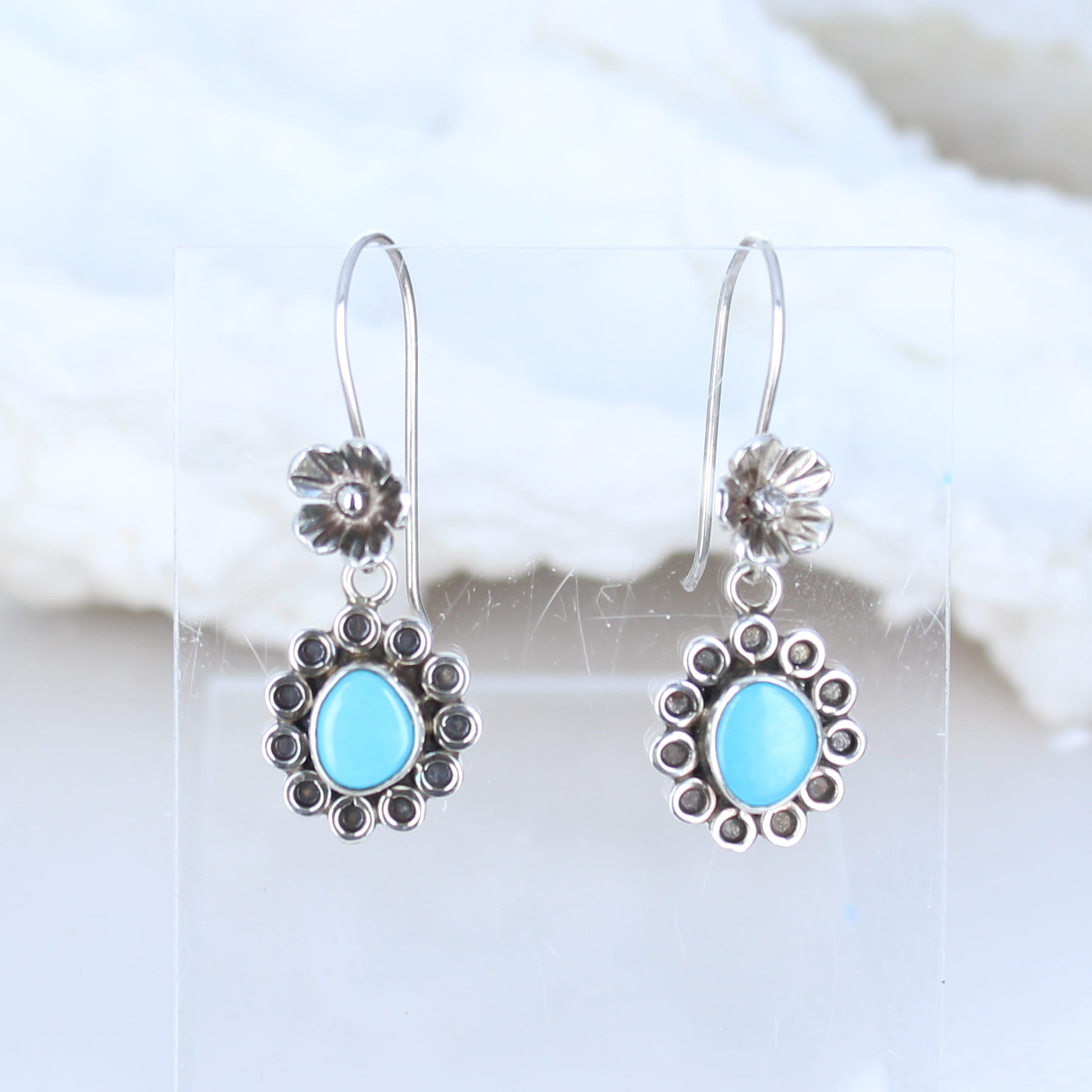 Sleeping Beauty Turquoise Earrings Floral Design Sterling -NewWorldGems