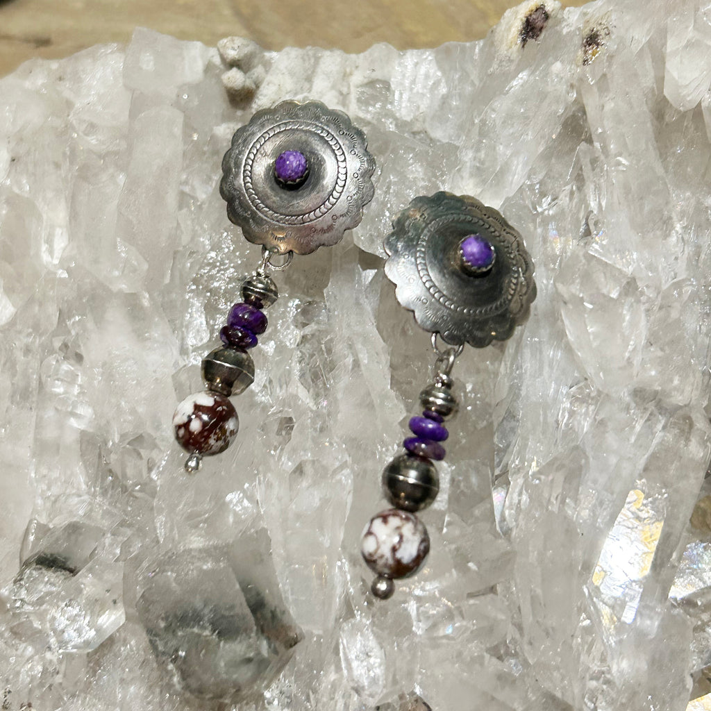 Sugilite Earrings Concho Style Sterling with Wild Horse Jasper