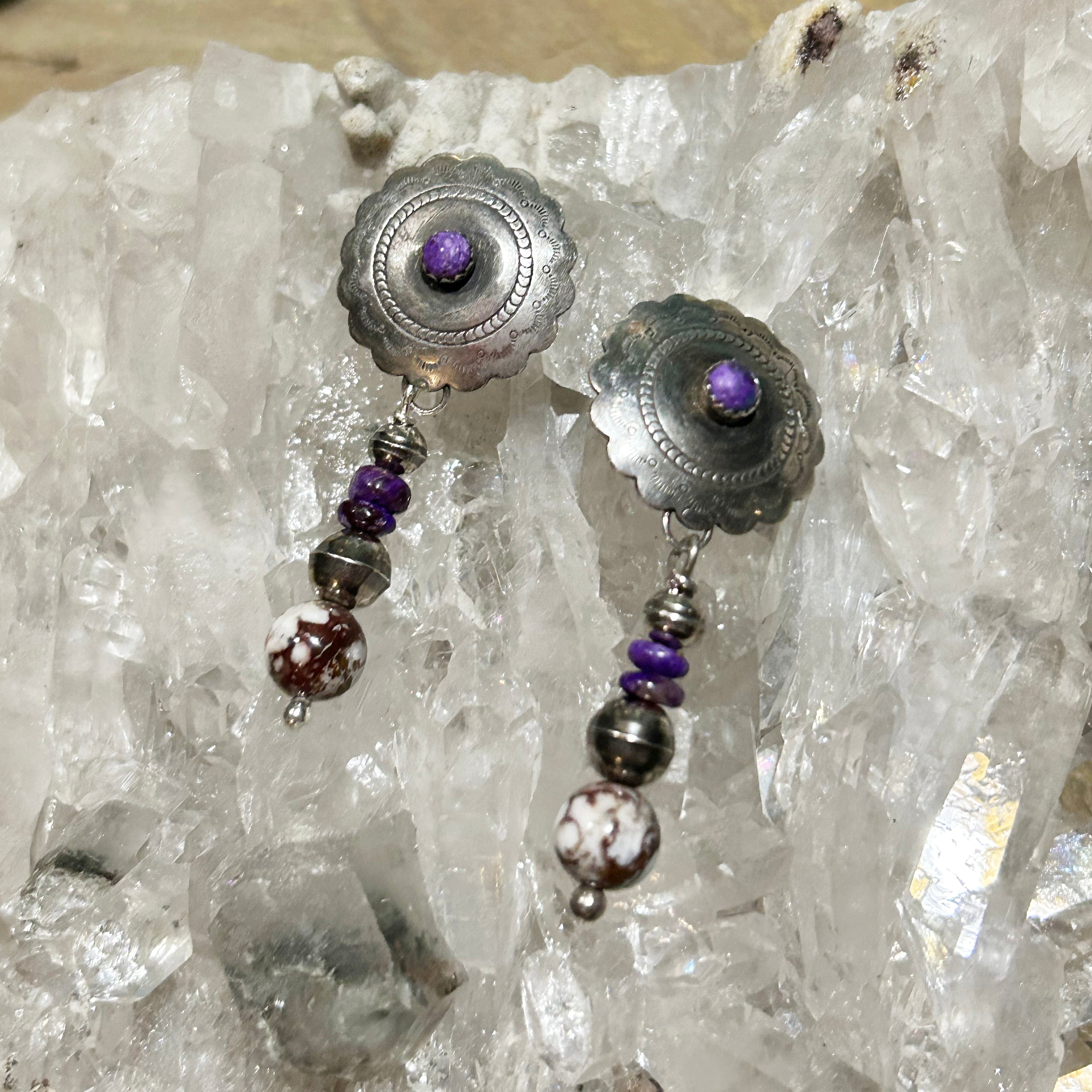Sugilite Earrings Concho Style Sterling with Wild Horse Jasper
