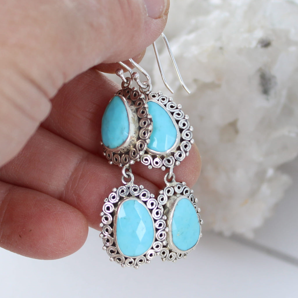 Elegant Faceted KINGMAN Turquoise Earrings 2 Stone Blues 2"
