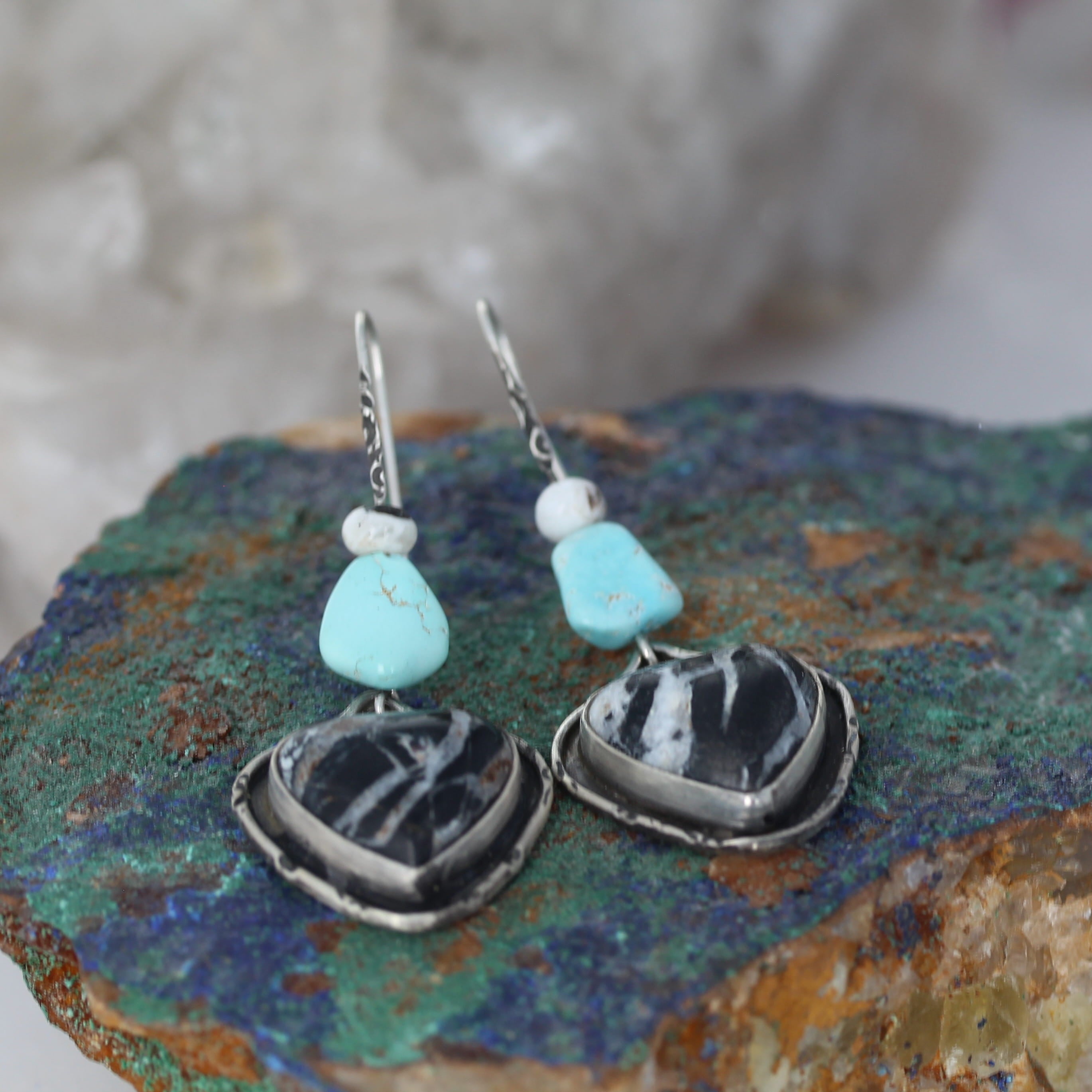 Hearts Lone Mountain and White Buffalo Turquoise Earrings Sterling