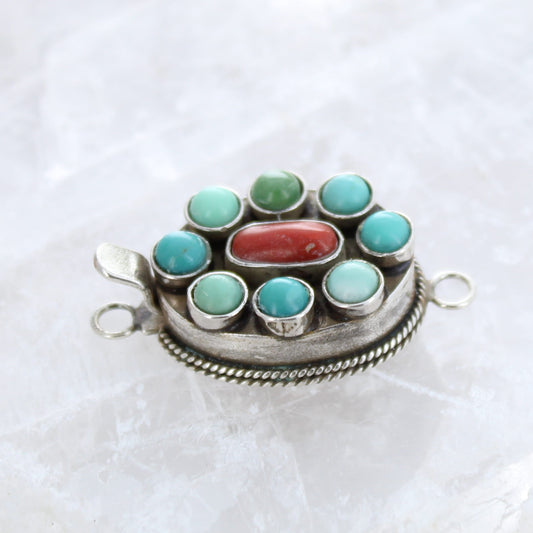 Carico Lake Turquoise with Red Coral Clasp Sterling Silver 9 Stone