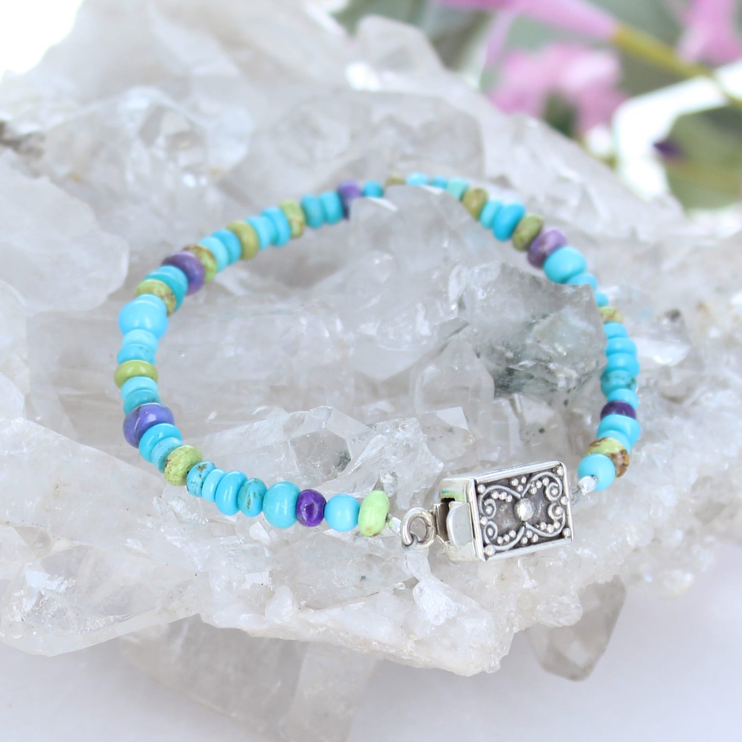 Sleeping Beauty Turquoise Gaspeite Sugilite Beads Bracelet Sterling Silver