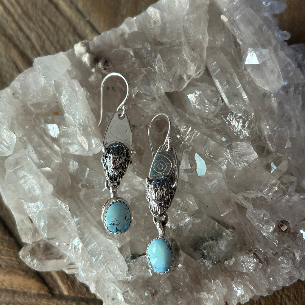 Golden Hills KAZAKHSTAN TURQUOISE Buffalo Head Earrings Sterling