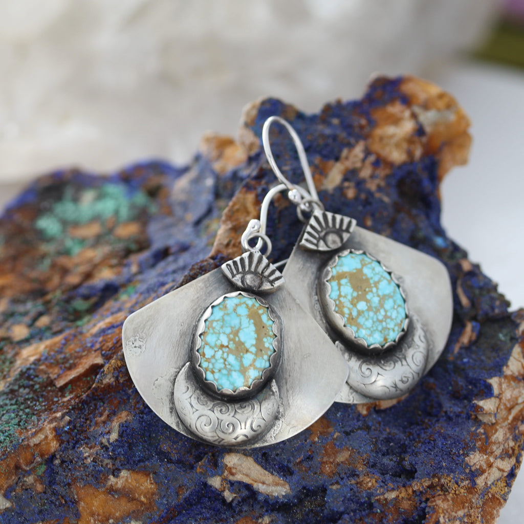 Baby Blue Kazakhstan Turquoise Fan Earrings Sterling Silver Protective Eye