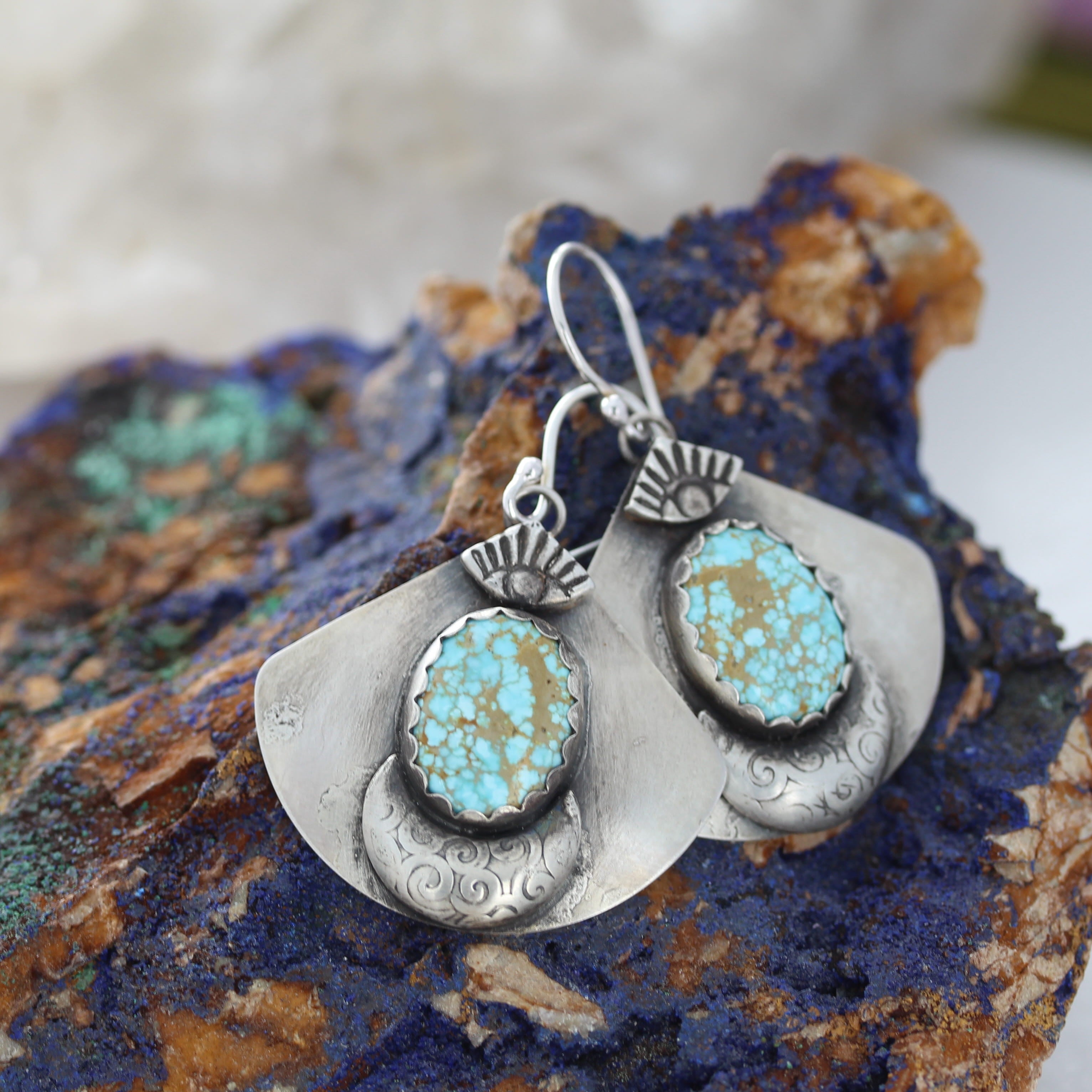 Baby Blue Kazakhstan Turquoise Fan Earrings Sterling Silver Protective Eye