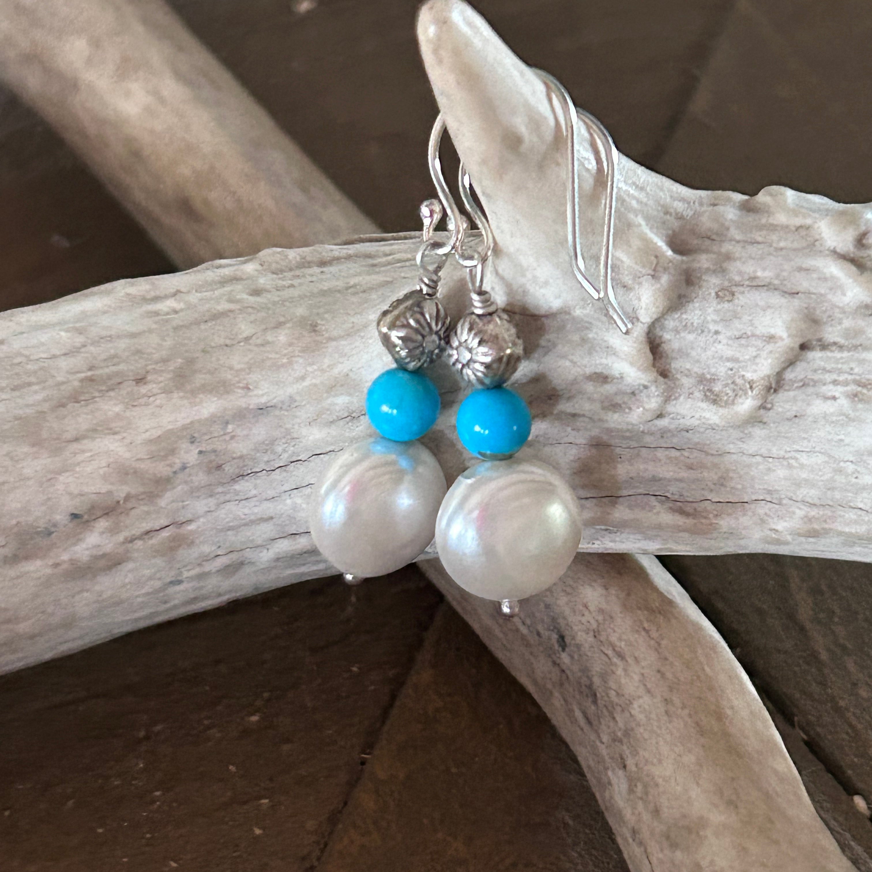 Sleeping Beauty Turquoise and Cream Coin Pearl Earrings Sterling Silver
