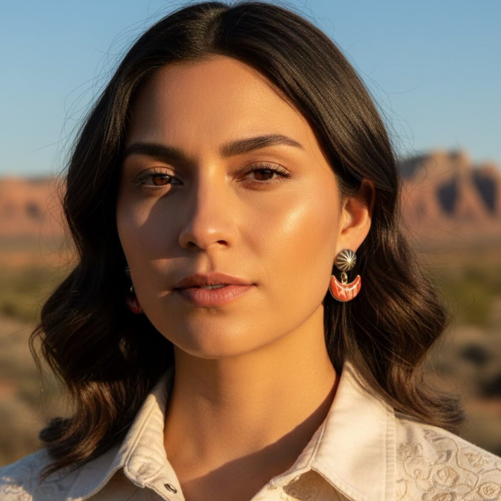 Red Spiny Oyster Moon Earrings With Sterling Silver Sunburst Posts Southwestern