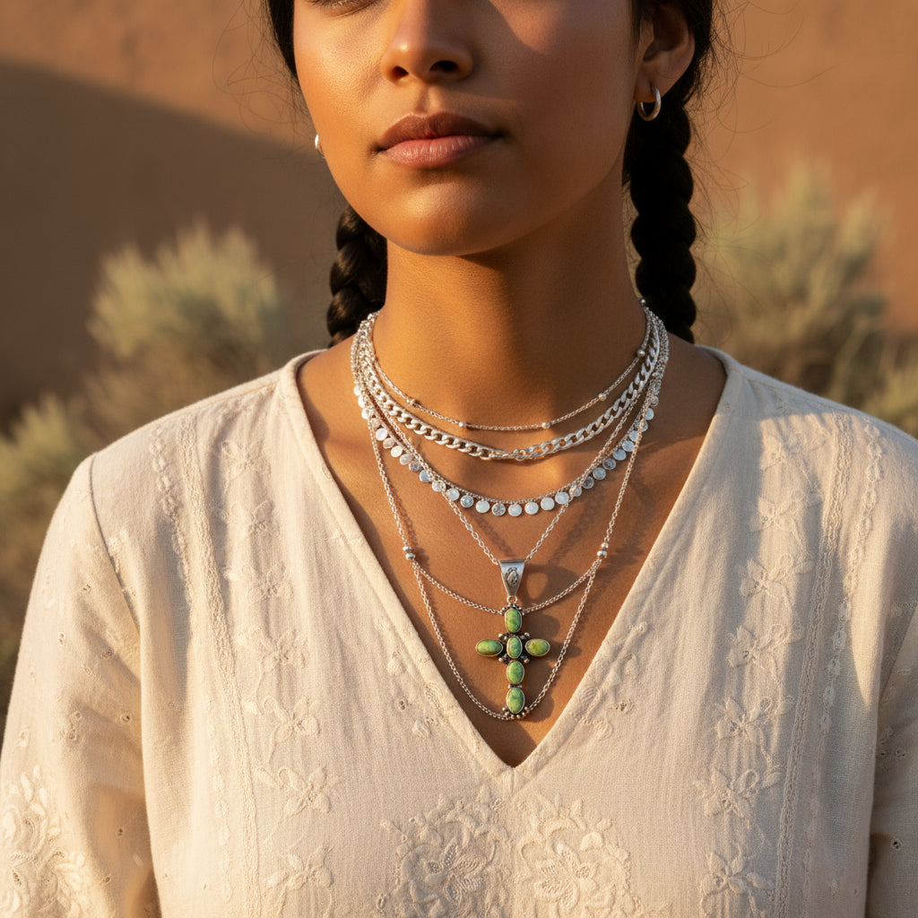 Stunning Sonoran Gold Turquoise Cross Pendant Sterling Silver Santa Fe Style