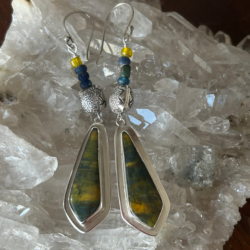 Dramatic Ancient Mali Dig Beads and Blue and Golden Tigereye Sterling Silver Earrings
