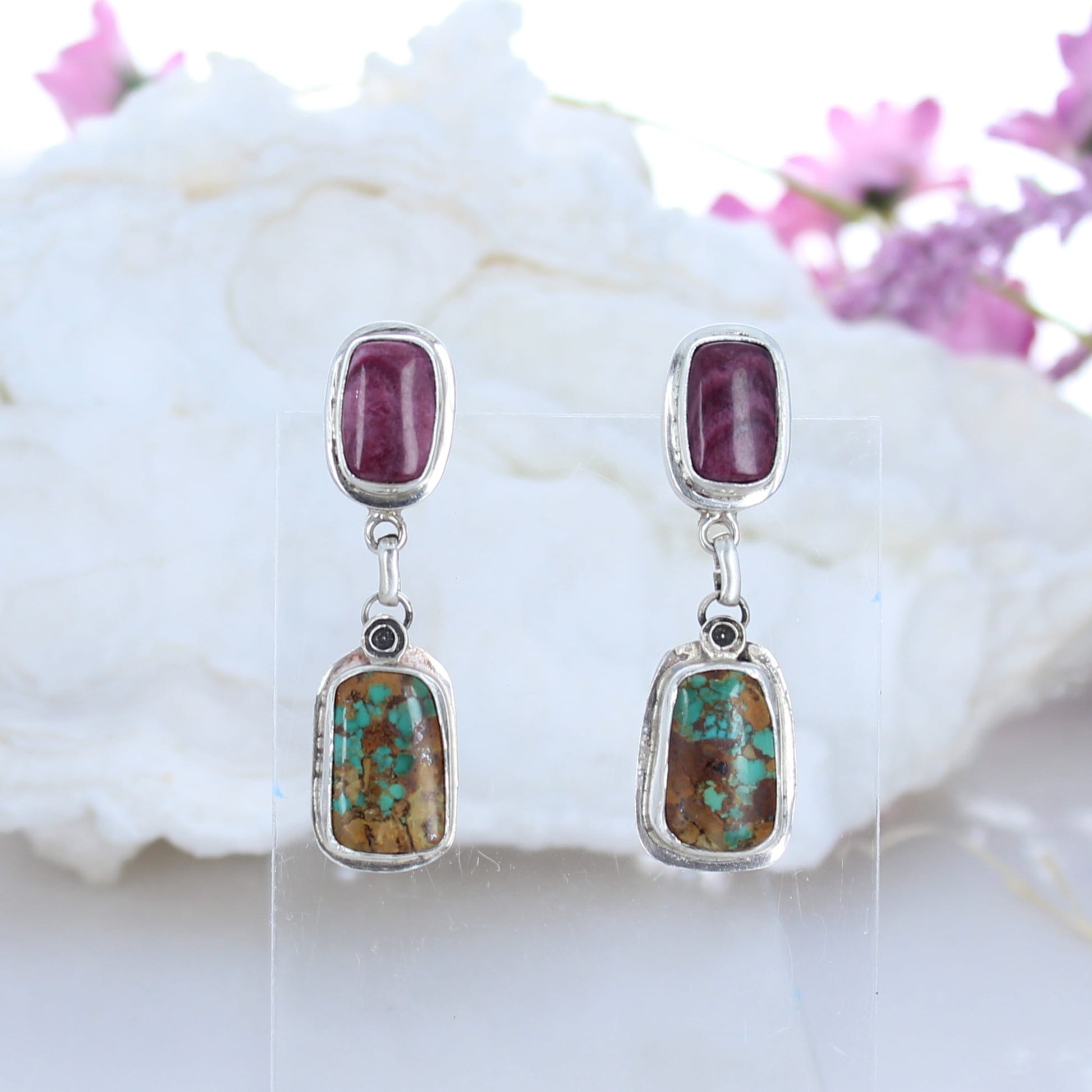 ROYSTON Turquoise Earrings with Purple Spiny Oyster Sterling -NewWorldGems