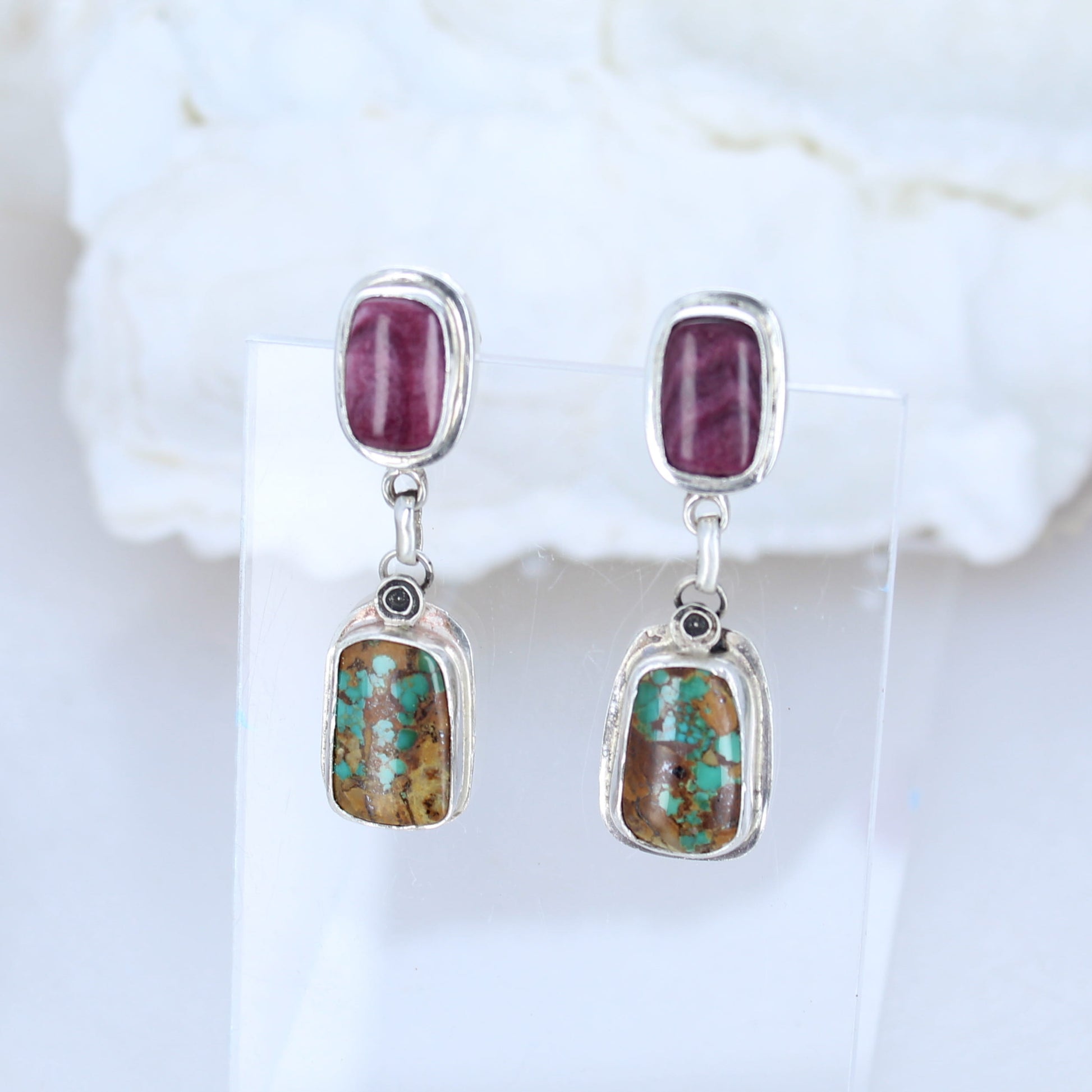 ROYSTON Turquoise Earrings with Purple Spiny Oyster Sterling -NewWorldGems
