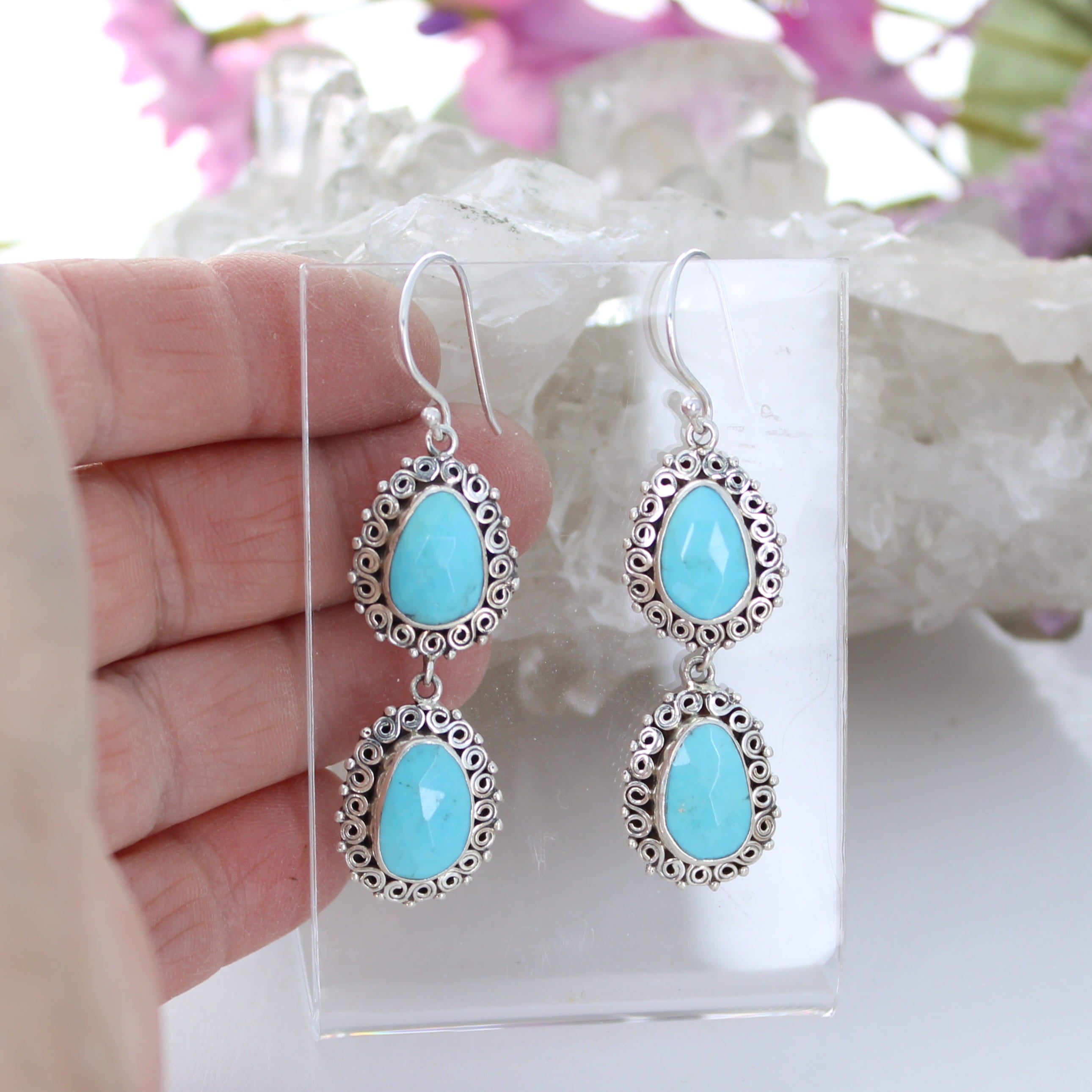 Elegant Faceted KINGMAN Turquoise Earrings 2 Stone Blues 2"