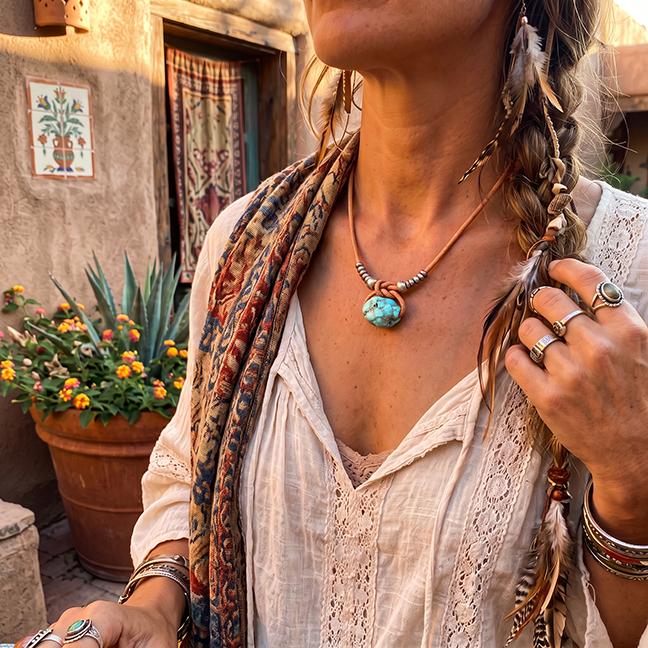 Blue Mexican Turquoise Bead Necklace Leather Mens or Womens