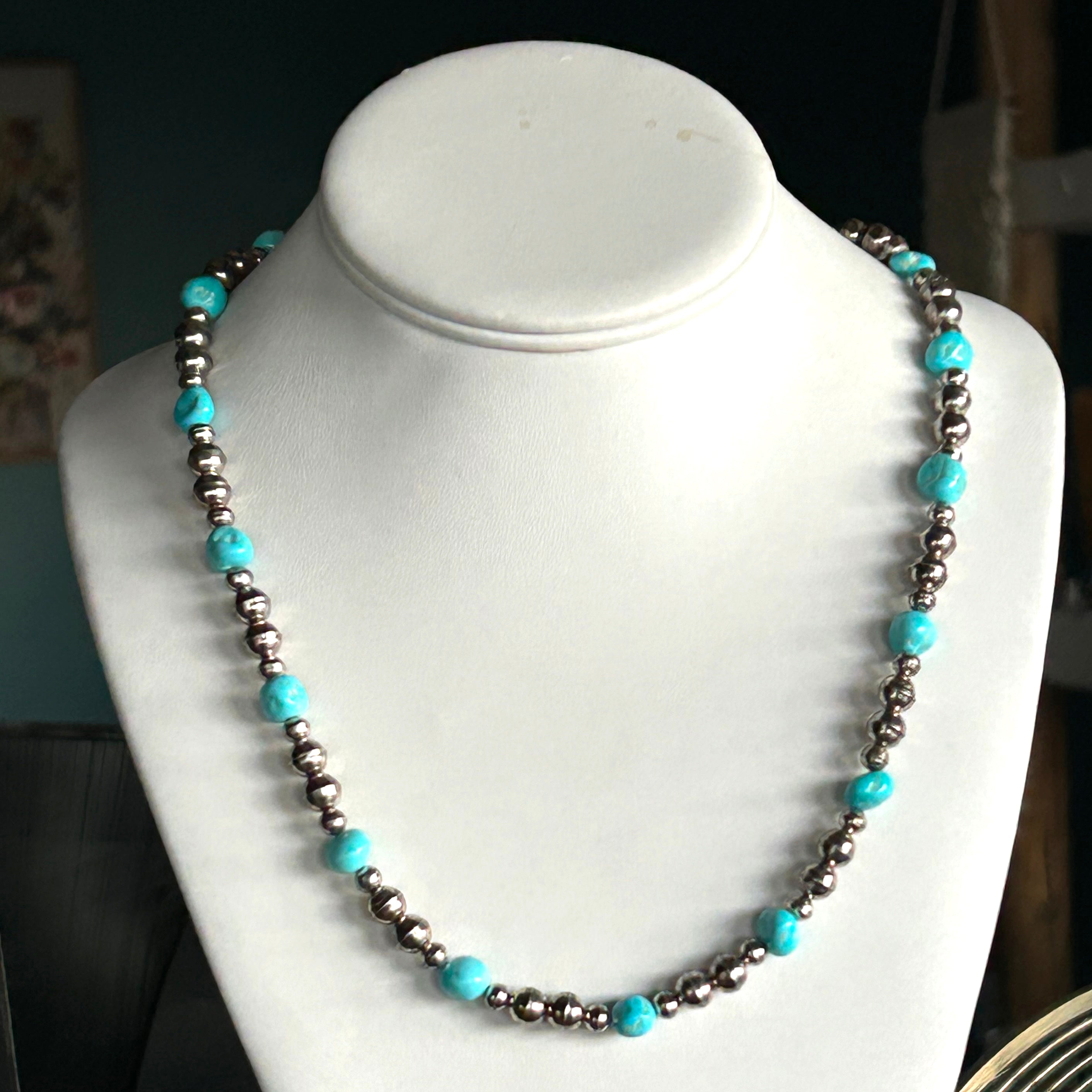 Natural Sleeping Beauty Turquoise Necklace Sterling Navajo Pearls 20"
