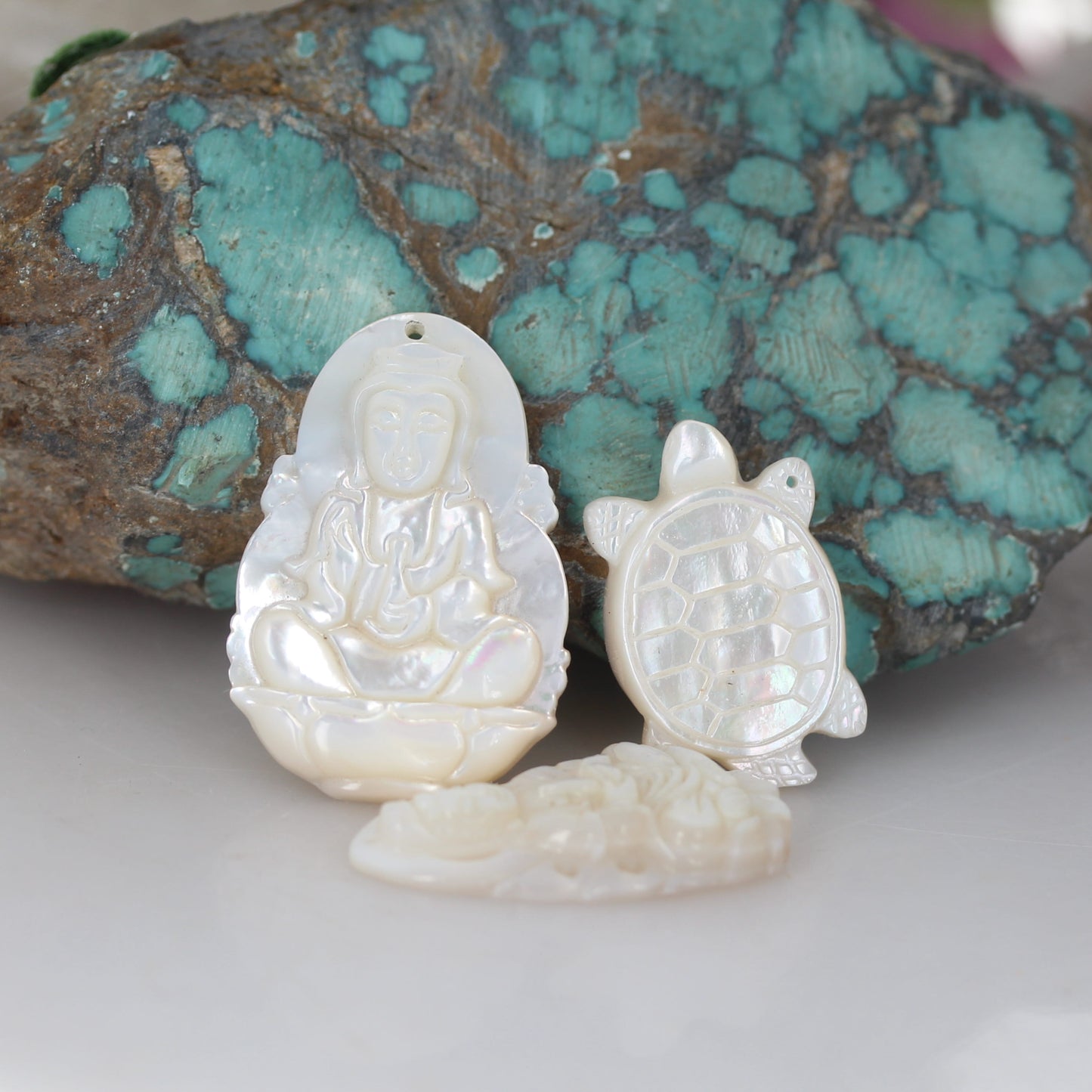 MOTHER OF PEARL Pendants Carved Buddha Quan Yin and Turtle