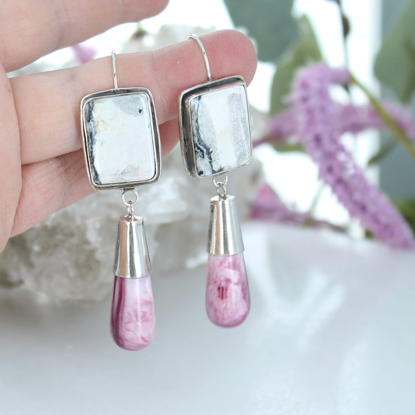 Nevada White Buffalo and Purple Spiny Oyster Teardrop Earrings Sterling