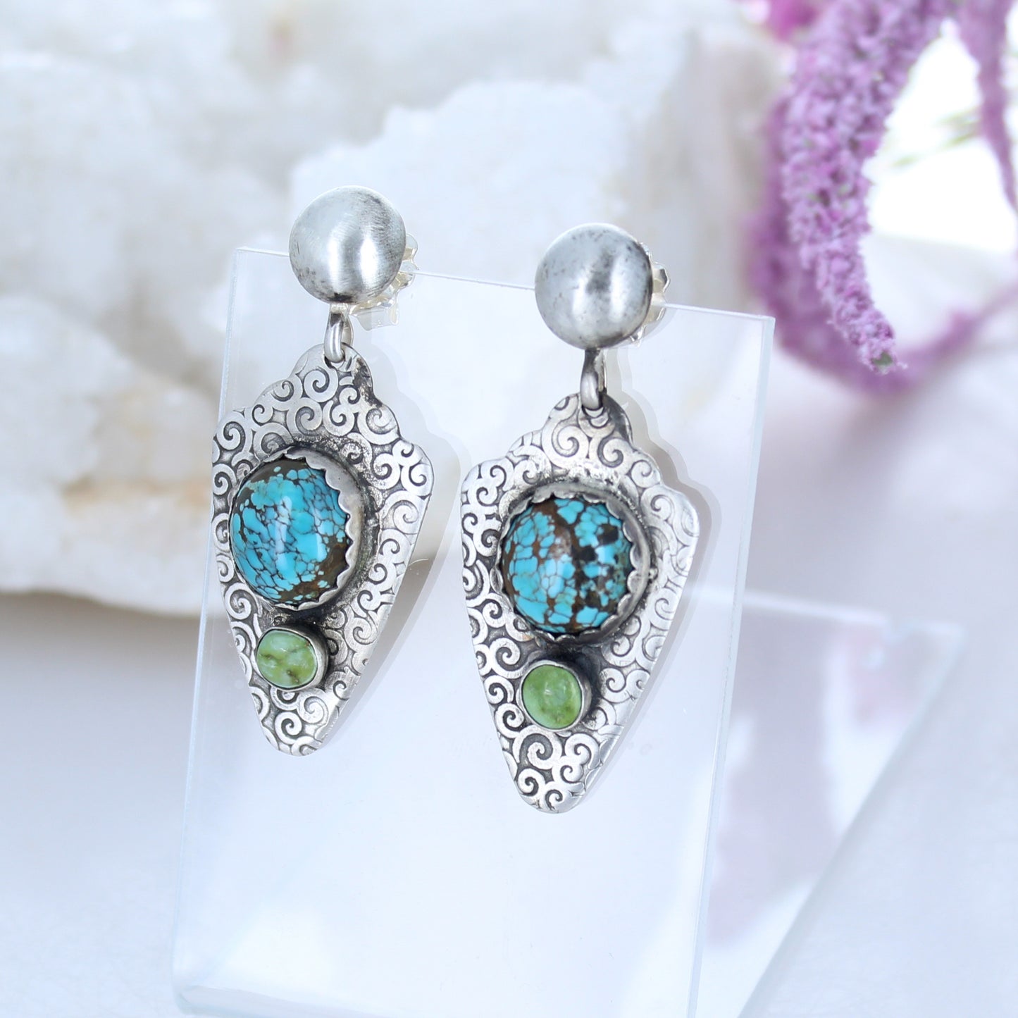 Sterling Arrowhead Earrings Blue Moon Turquoise with Sonoran Turquoise -NewWorldGems