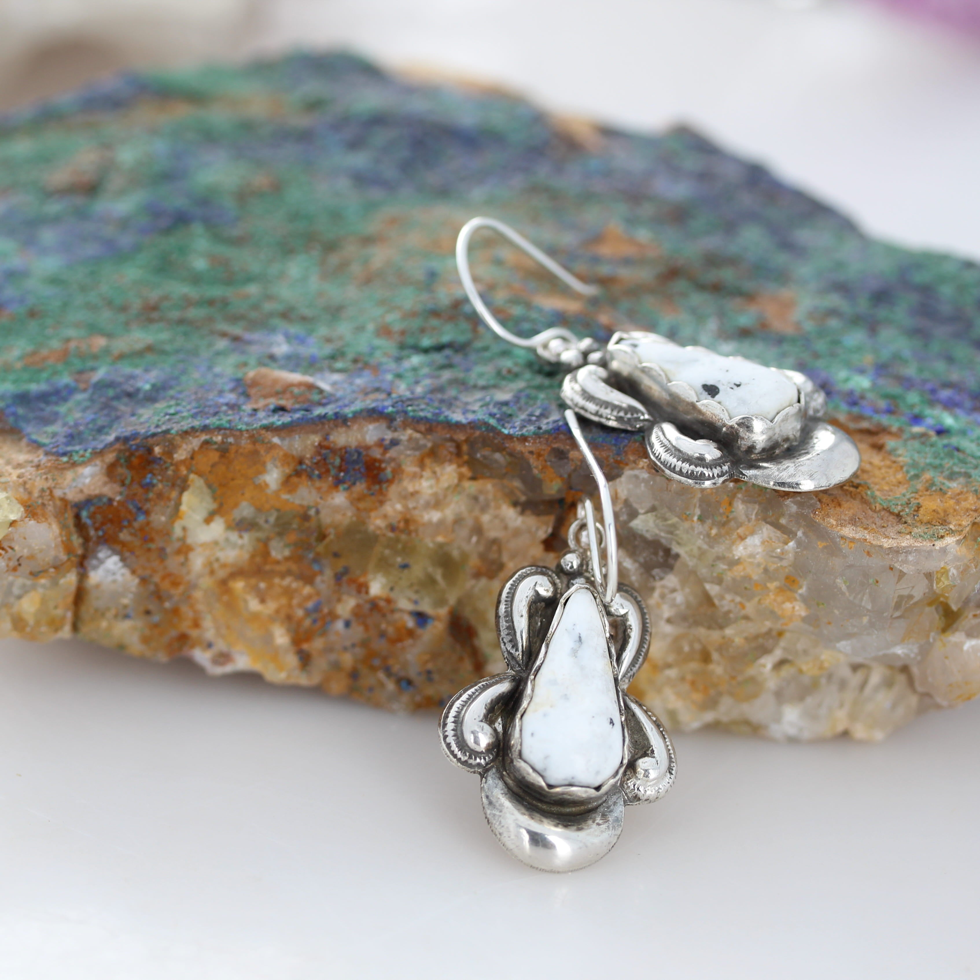 Many Moons White Buffalo Turquoise Earrings Sterling Silver Southwestern Elegance NewWorldGems