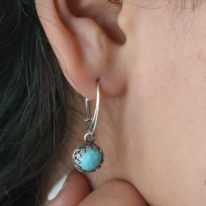 AAA Faceted Turquoise Earrings 8mm Round Drops Sterling