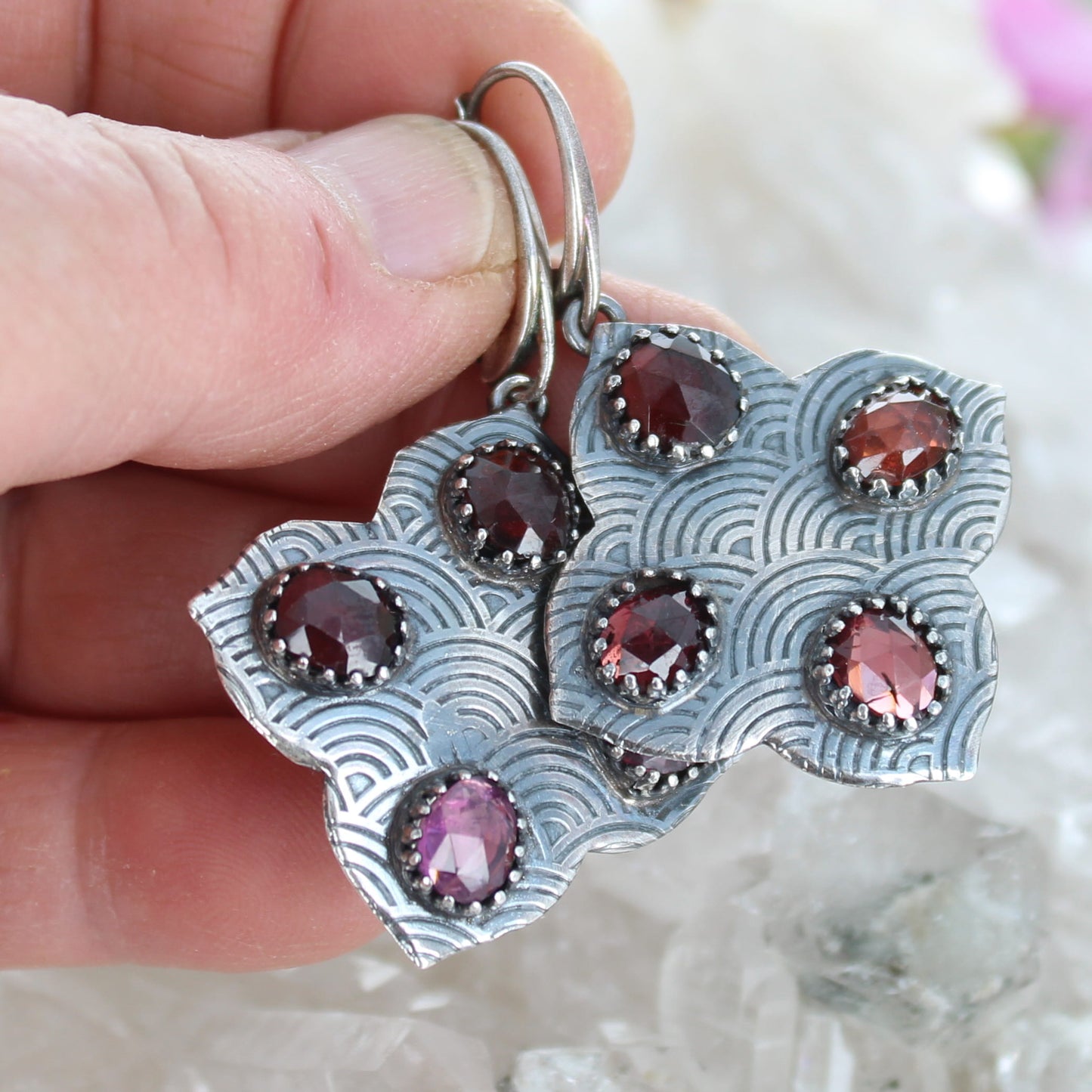 Sterling Silver and Garnet Stained Glass Renaissance Earrings