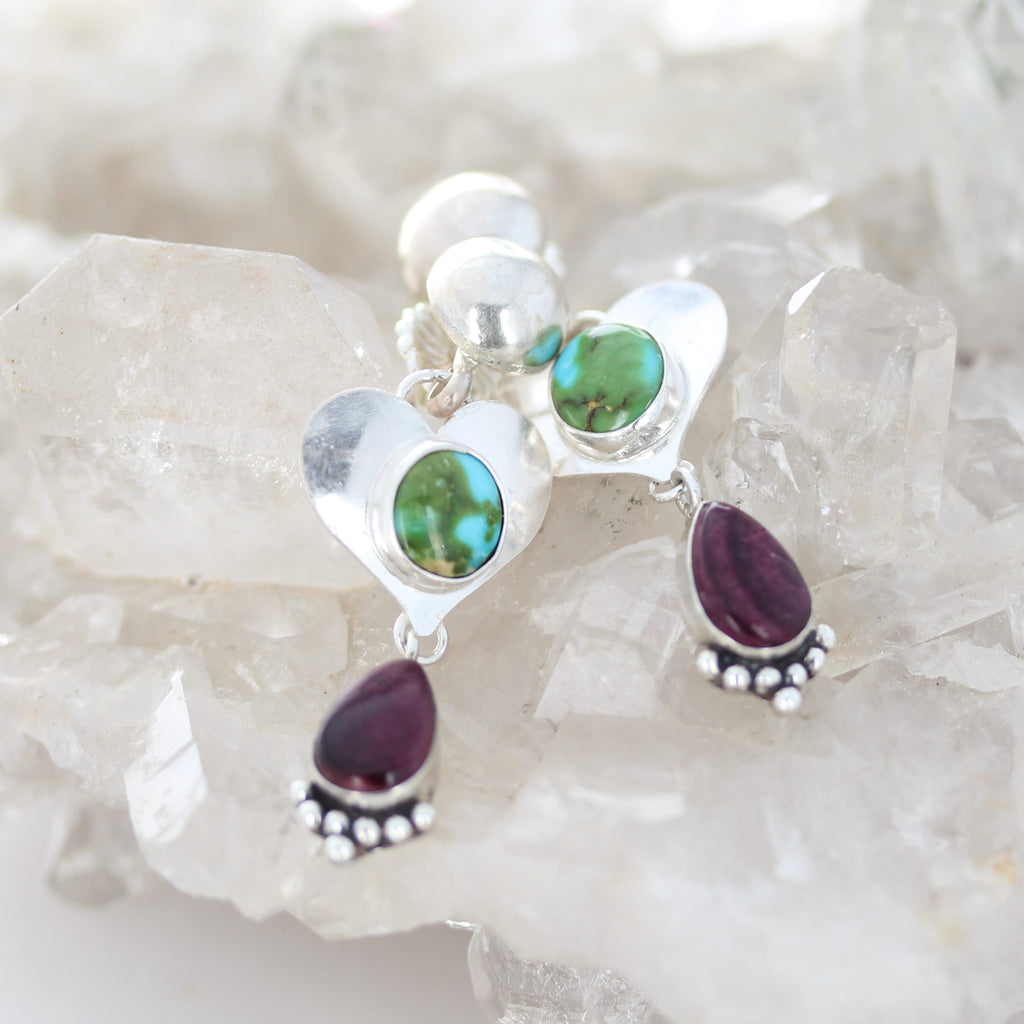 Sonoran Turquoise and Purple Spiny Oyster Earrings Sterling Hearts