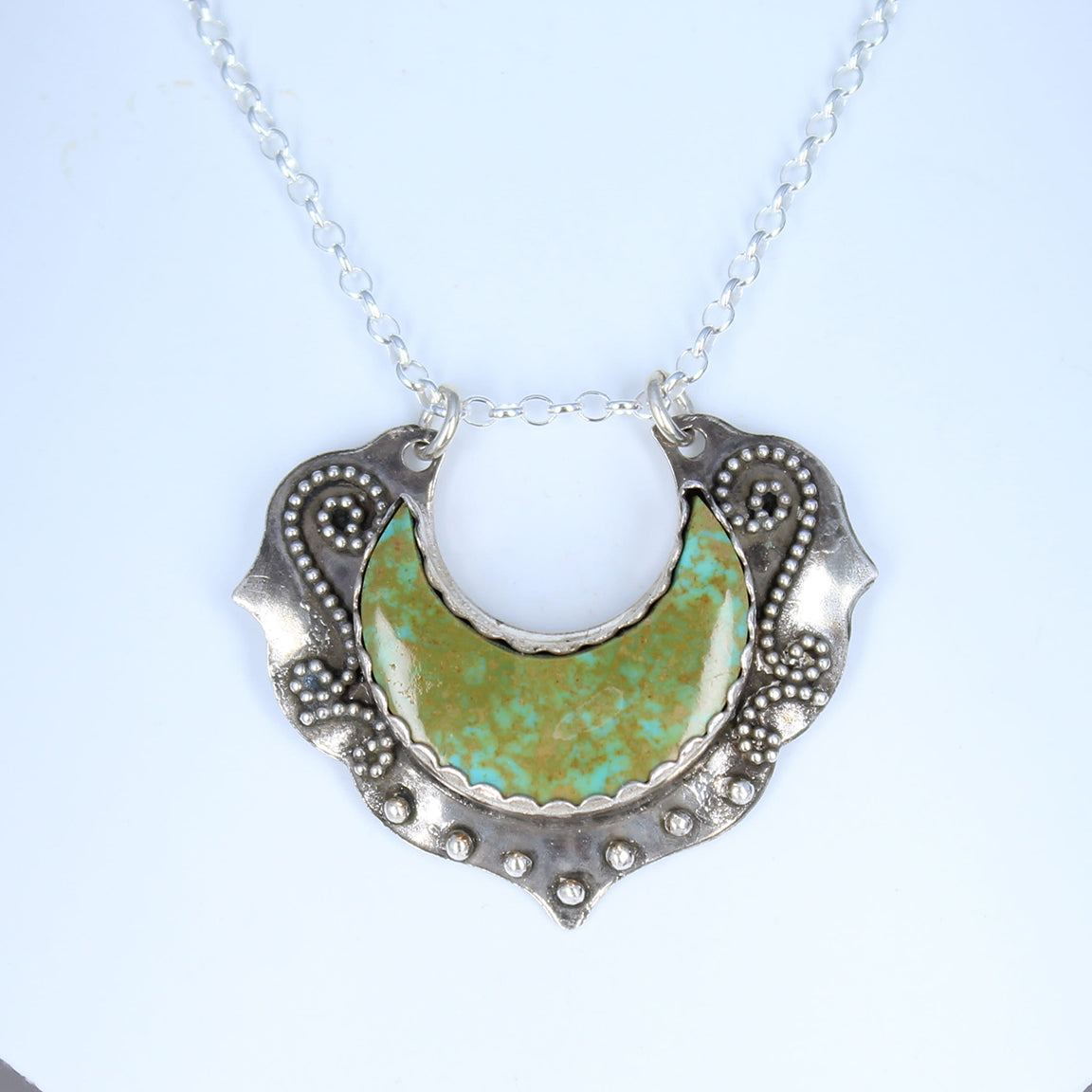 Green Kingman Turquoise Sterling Moon Crescent Pendant Necklace