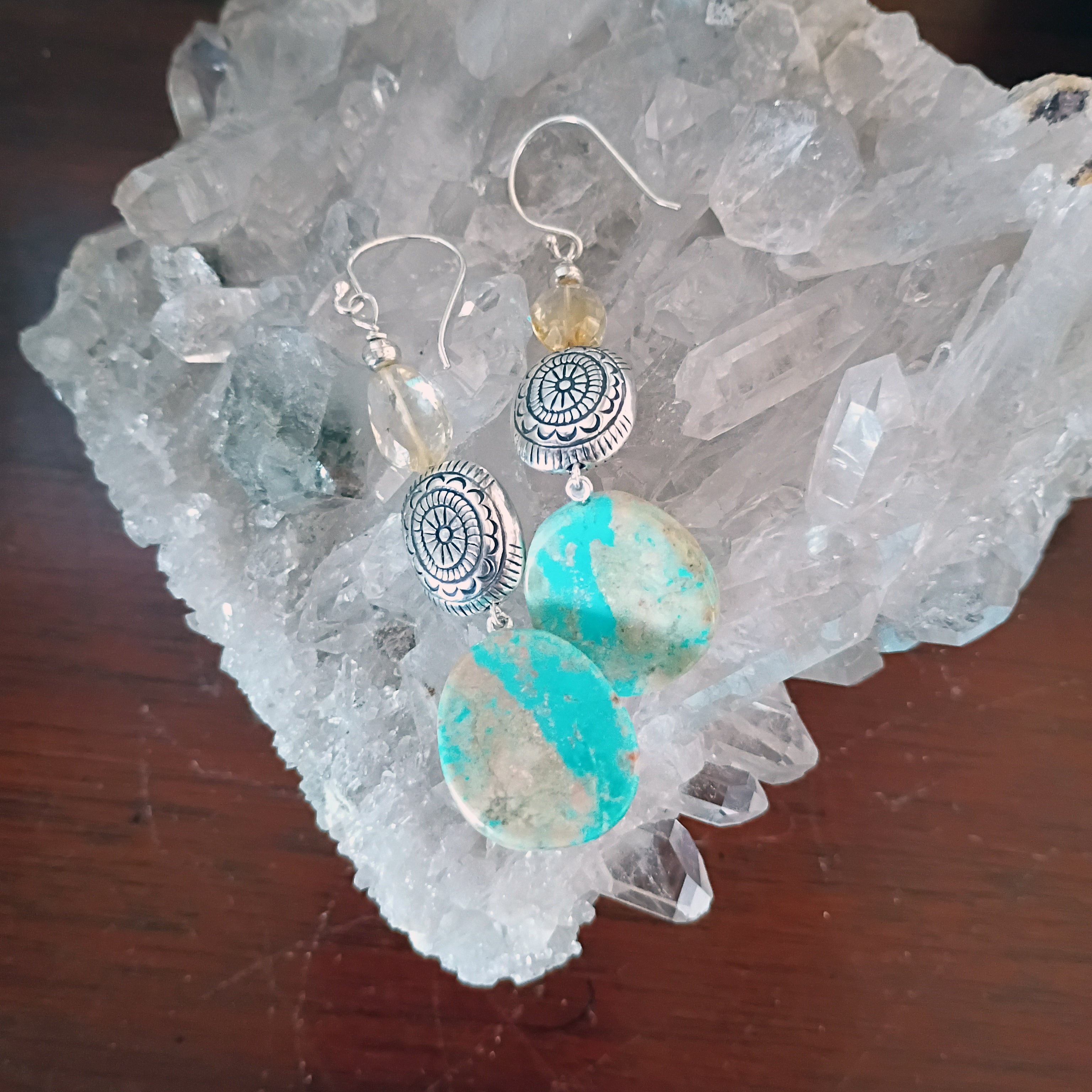 Sky Blue Elisa and Faceted Citrine Turquoise Earrings Southwestern Sterling 2.75"