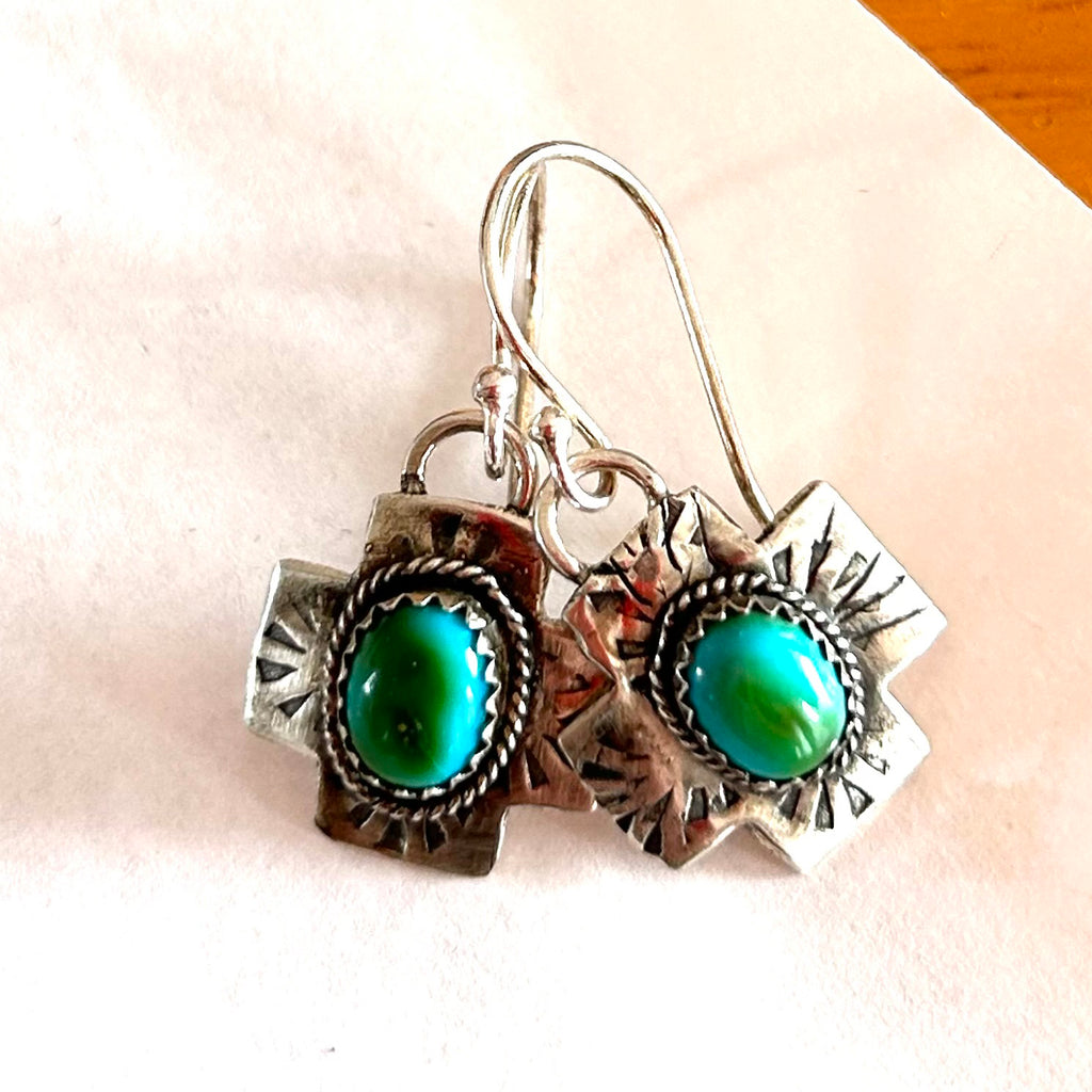 Green Blue Sonoran Gold Turquoise Cross Earrings Sterling Silver Boho