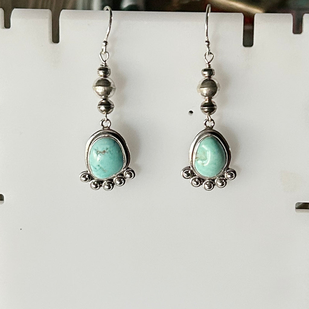 Navajo Pearls and Blue Kingman Turquoise Earrings Free Form Sterling