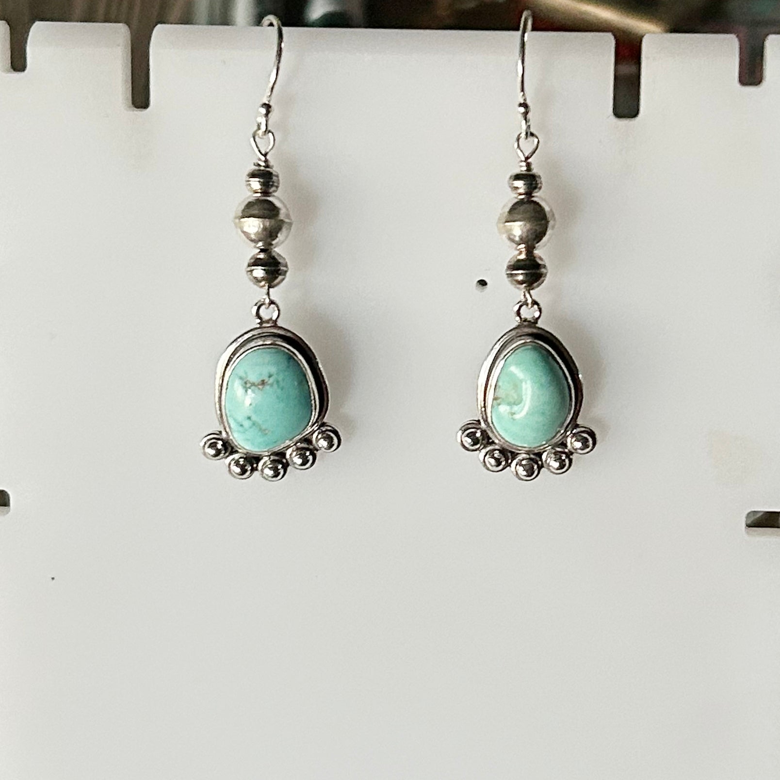 Navajo Pearls and Blue Kingman Turquoise Earrings Free Form Sterling