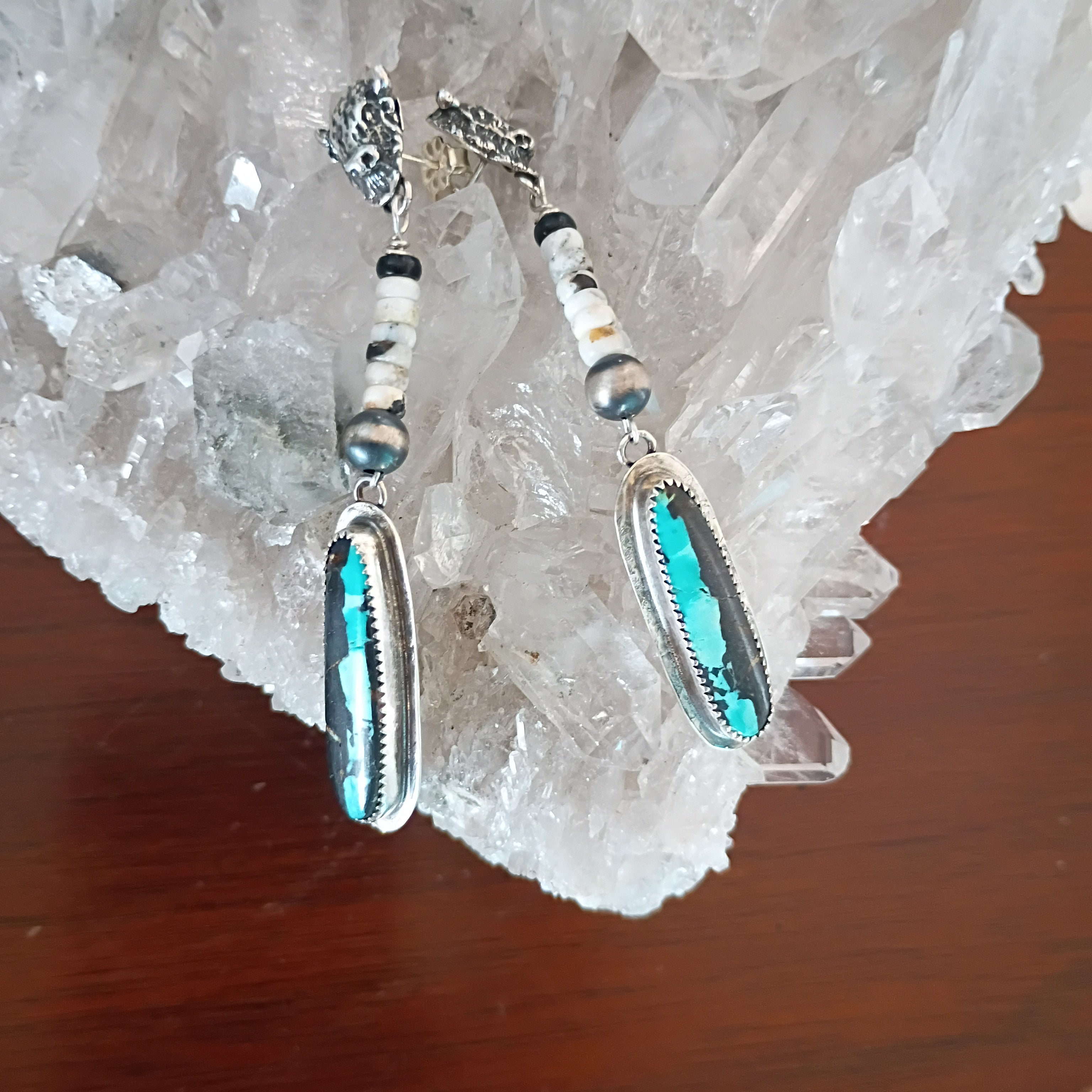 AAA Black Jack and White Buffalo Turquoise Earrings Buffalo Head Sterling