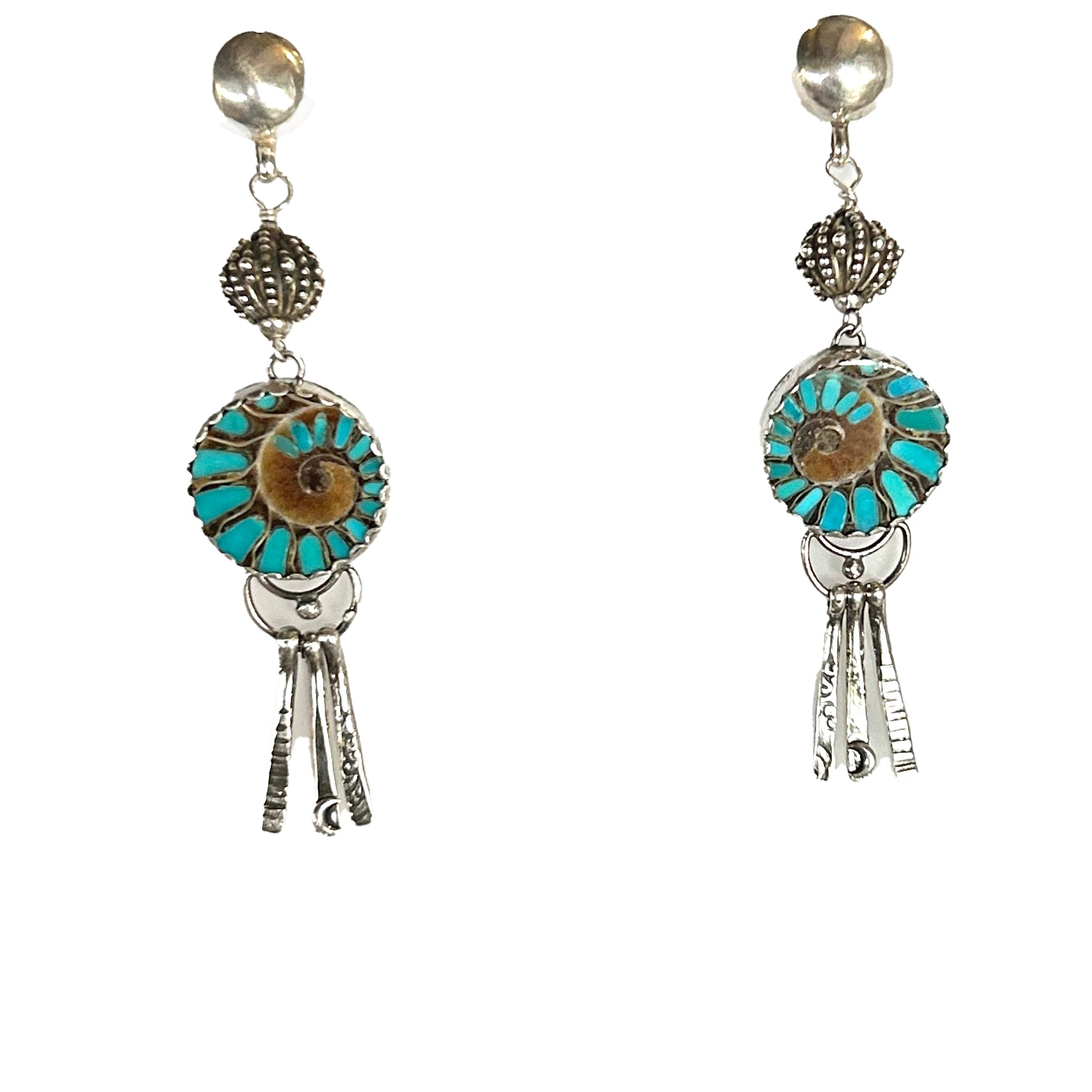 Turquoise Inlaid Fossil Ammonite Sterling Earrings 3" Artisan Made