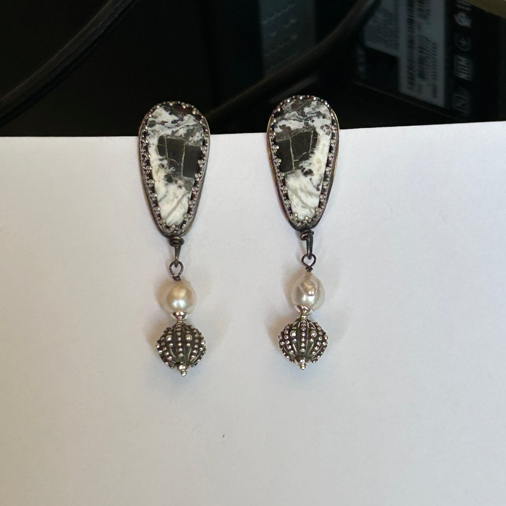 AAA WHITE BUFFALO Turquoise and Pearl Earrings Sterling