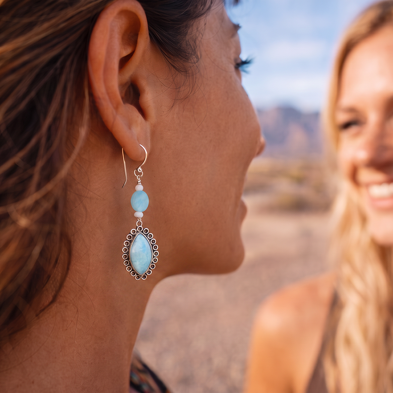 Larimar Earrings Marquis Shape Sterling French Ear Wire with Mother of Pearl