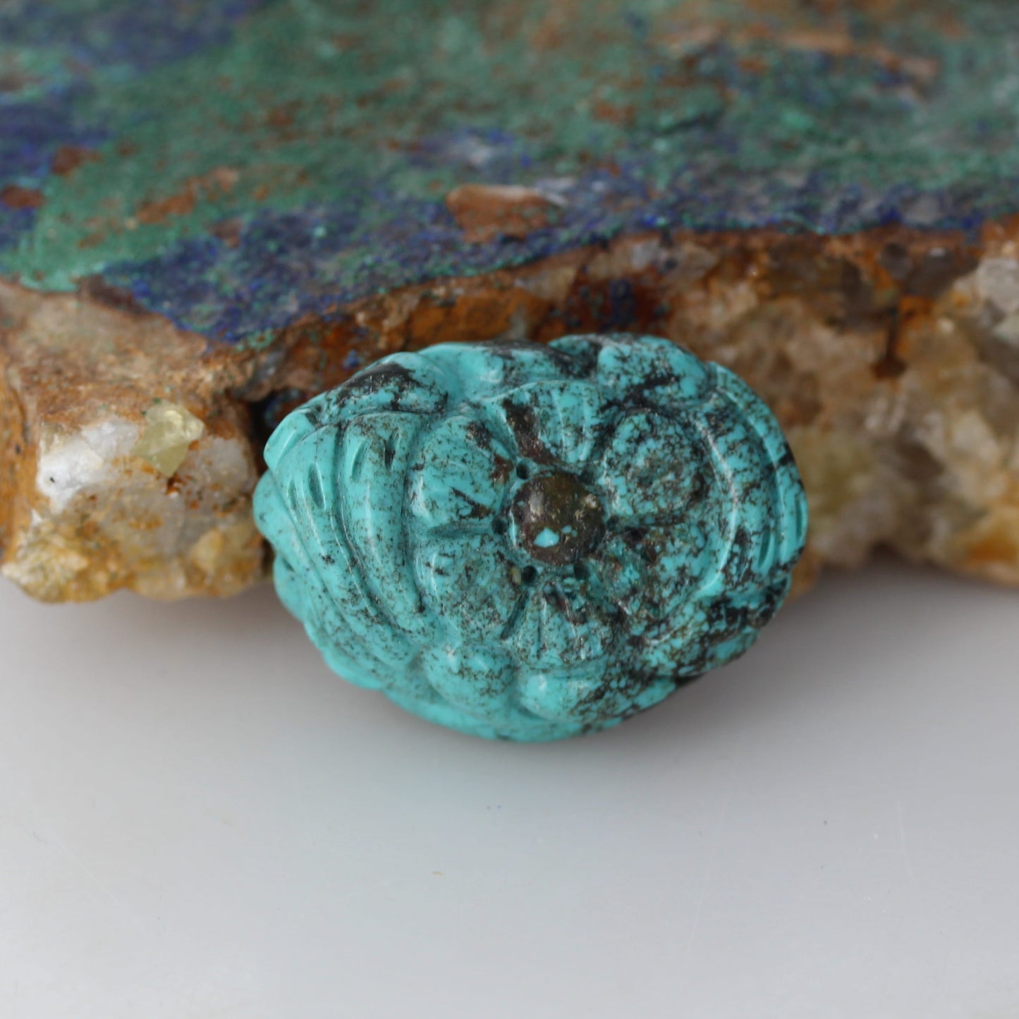 Carved Bright Blue Hubei Turquoise Bead Floral Large Centerpiece 35x25mm