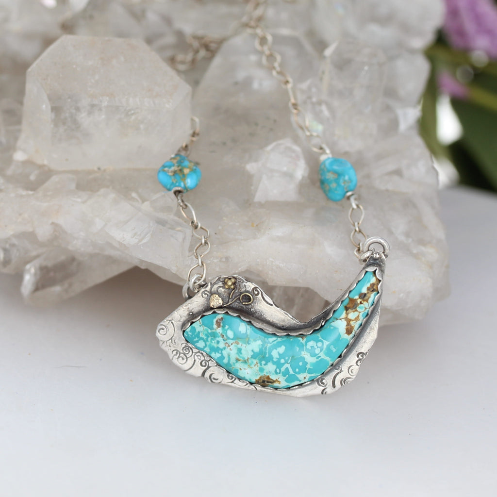 BLUE MOON Turquoise Bird Pendant Sterling and 18K Gold 18"
