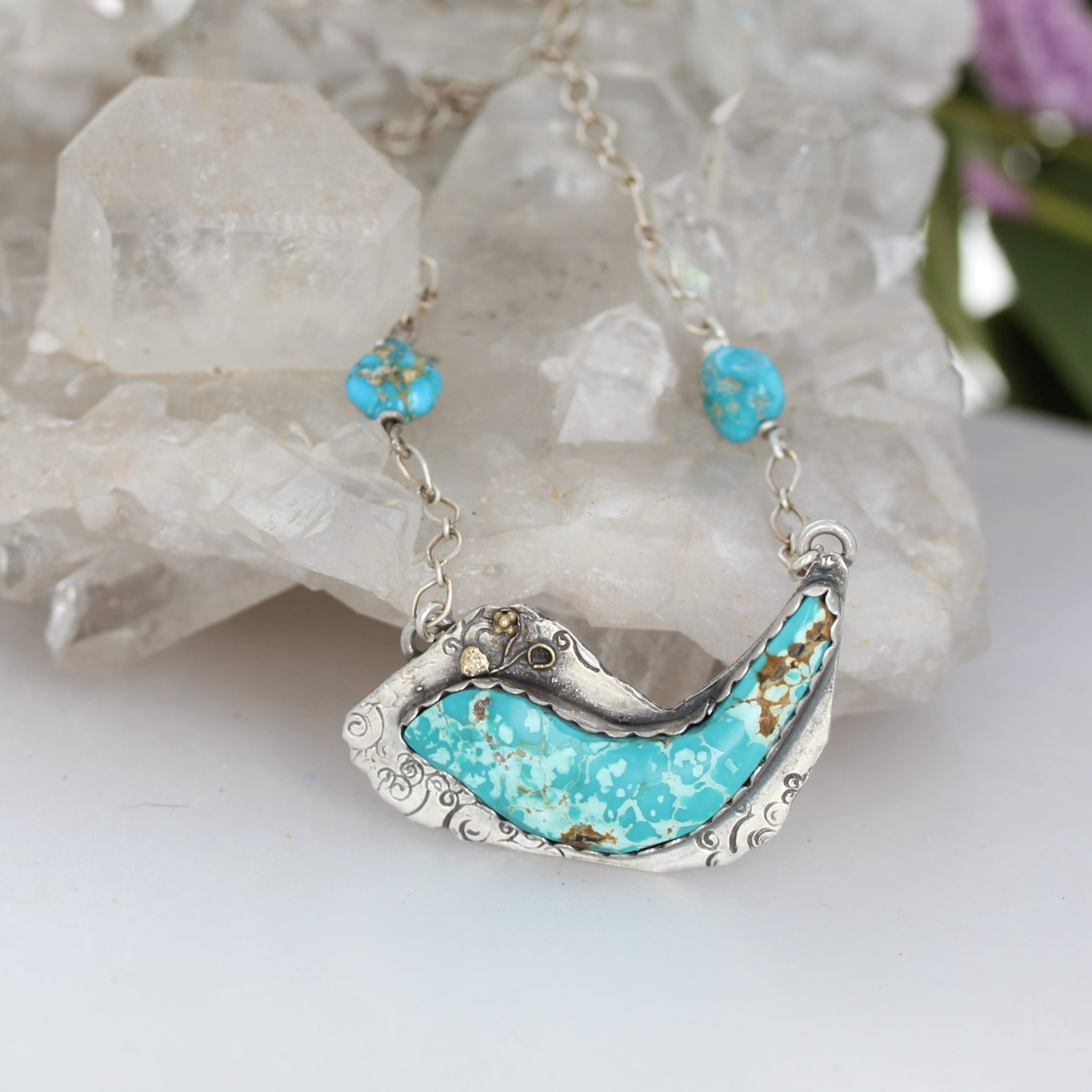 BLUE MOON Turquoise Bird Pendant Sterling and 18K Gold 18"