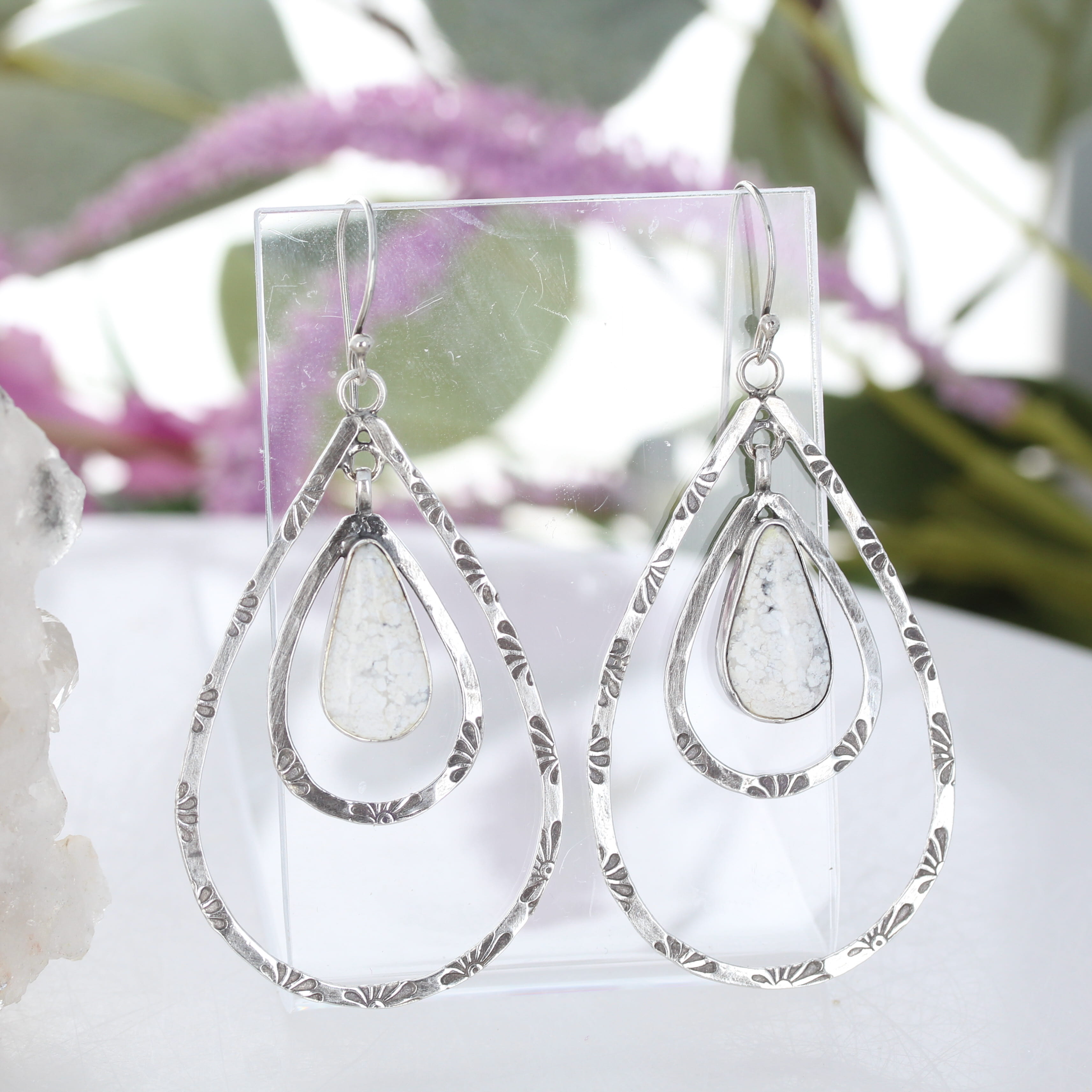 White Buffalo Turquoise Earrings Double Hoops Oxidized