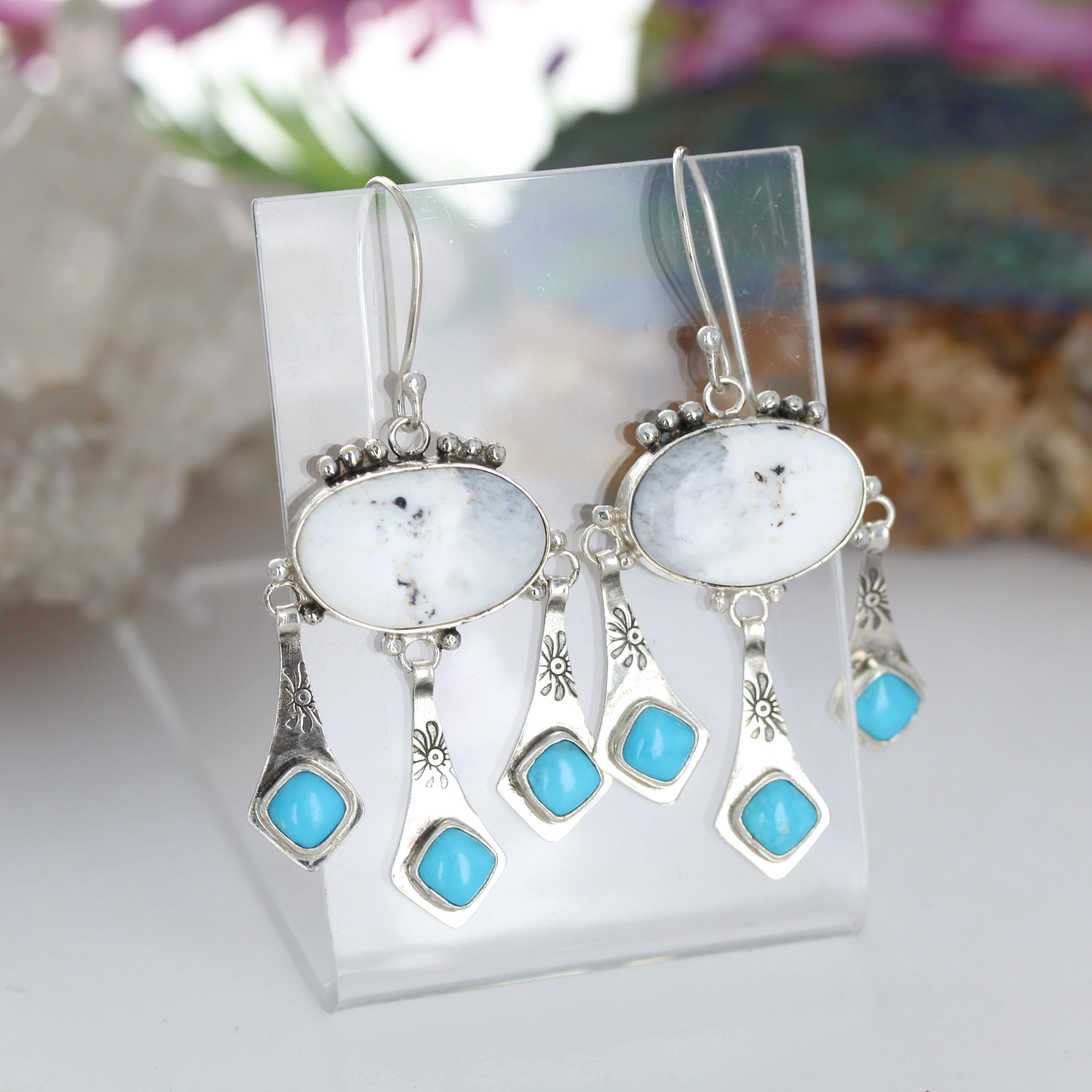 White Buffalo Turquoise with Blue Sonoran Turquoise Boho Dangle Earrings Sterling