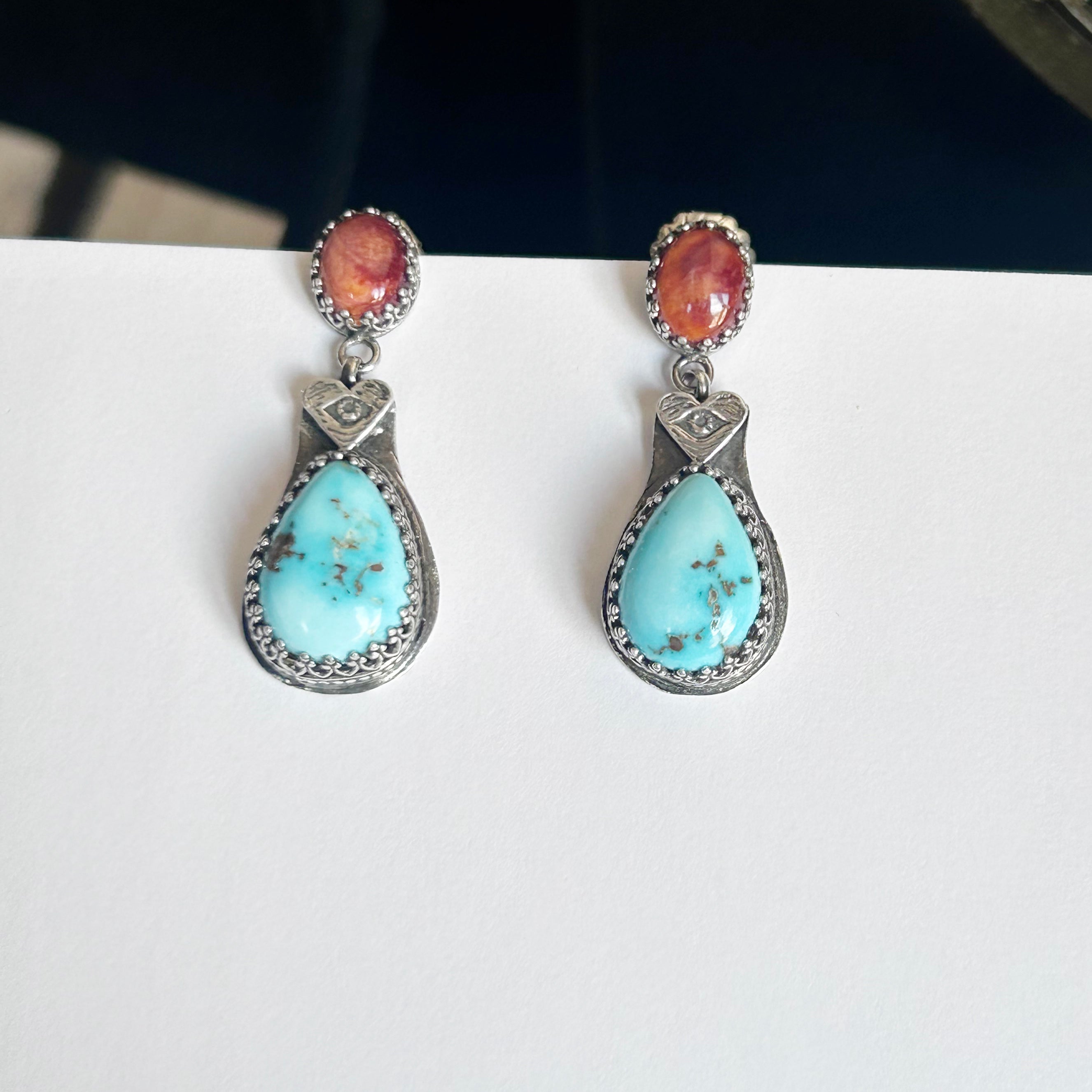 AAA DRY CREEK Turquoise and Spiny Oyster Earrings Sterling Boho Southwest