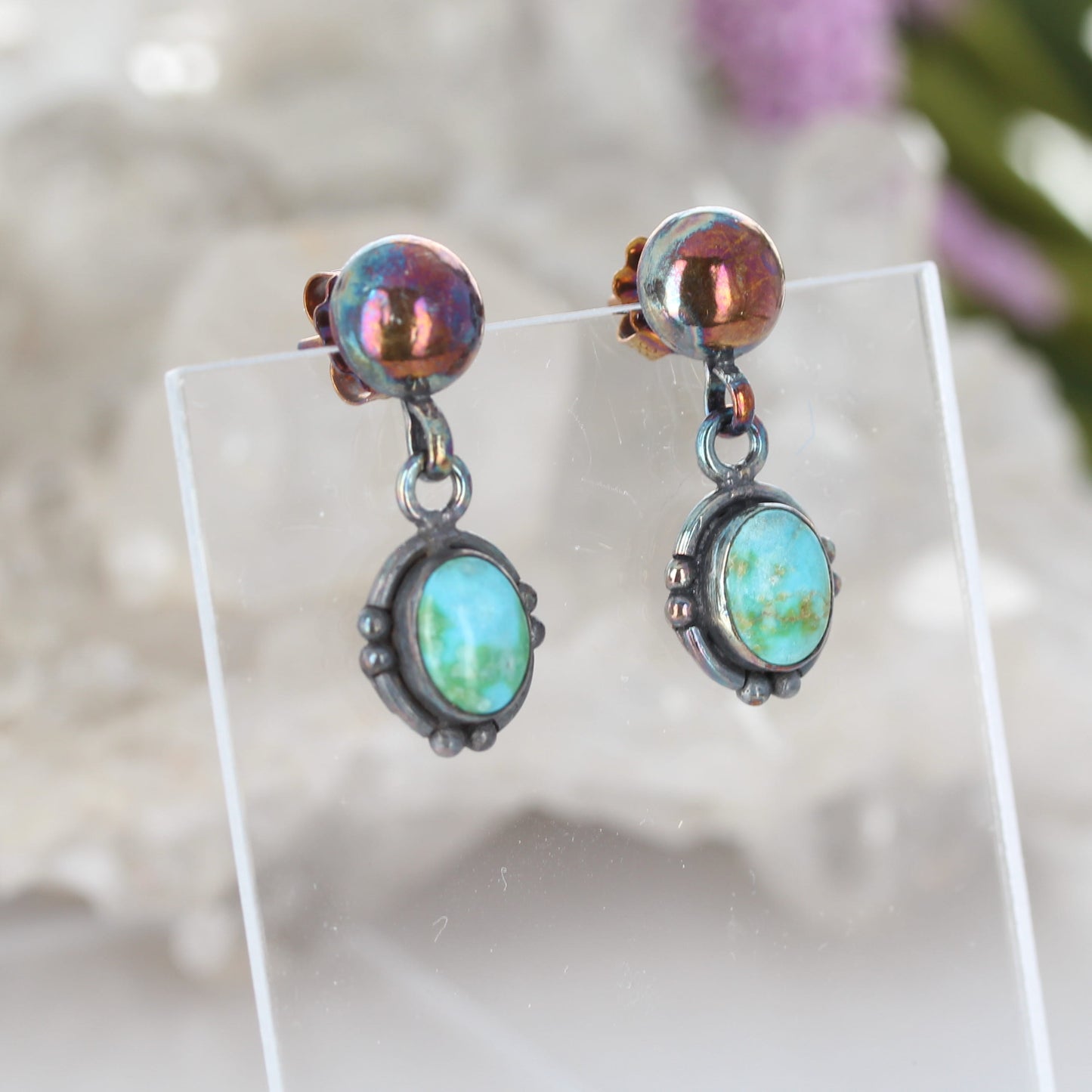 Rainbow Oxidized Vibrant Blue Sonoran Mountain Turquoise Earrings Sterling Ovals
