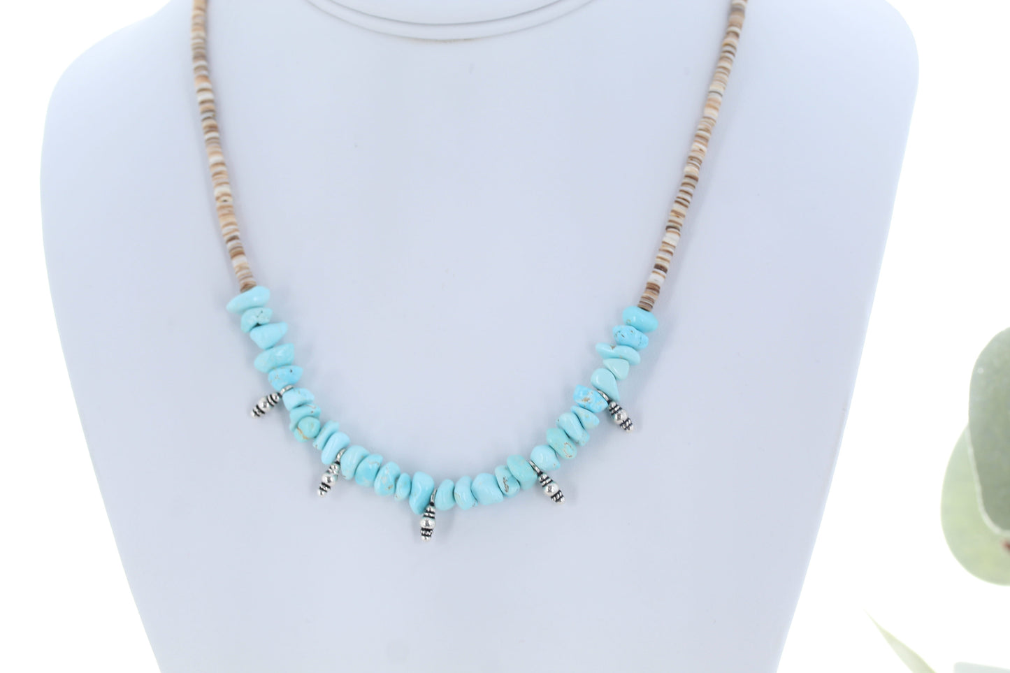 Lone Mountain Turquoise Necklace with Shell Heshi Sterling Drops