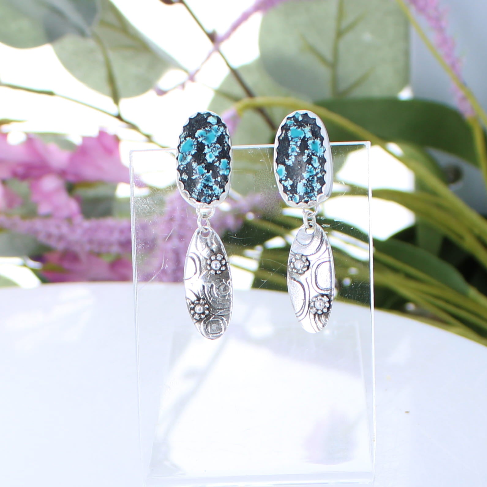 Blue and Black Tibetan Turquoise Earrings Sterling Silver Dangles